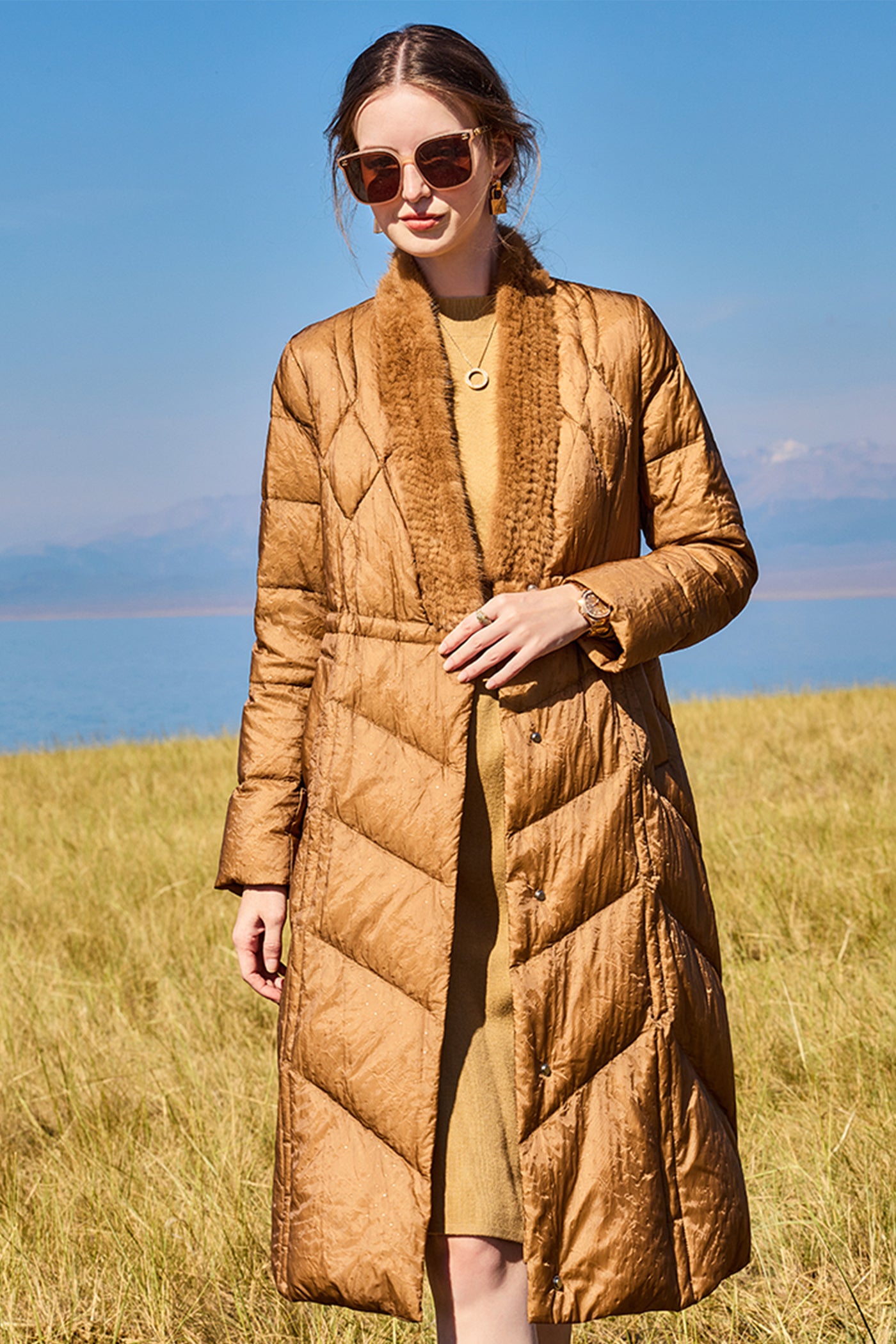 KAMILAN Women's Luxe Mink Fur Spliced Down Jacket | 2025 Winter Mid-Length Warm Coat