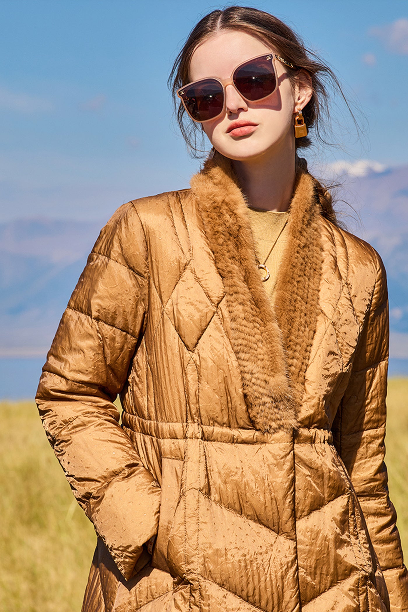 KAMILAN Women's Luxe Mink Fur Spliced Down Jacket | 2025 Winter Mid-Length Warm Coat