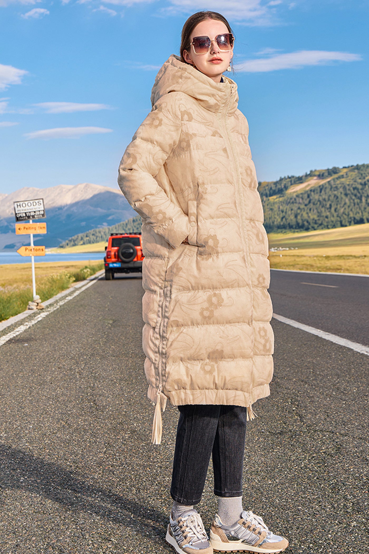 KAMILAN Women's French Style Printed Down Jacket  2025 Winter Mid-Length Elegant White Duck Down Coat