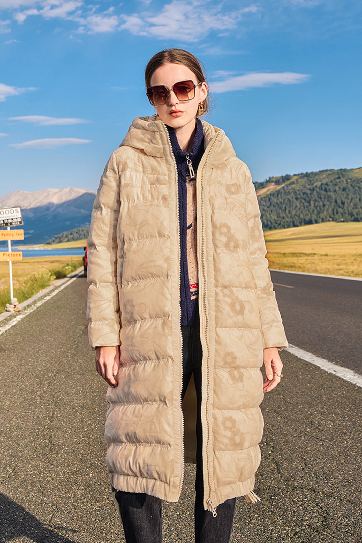 KAMILAN Women's French Style Printed Down Jacket  2025 Winter Mid-Length Elegant White Duck Down Coat