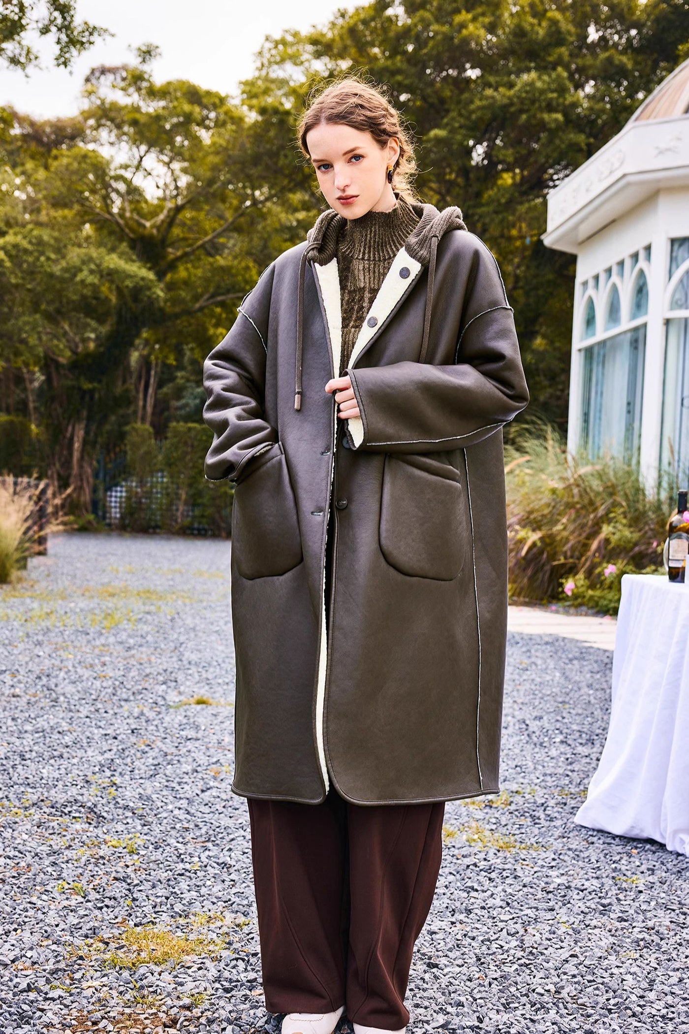 KAMILAN Women's Faux Fur Coat  2025 Winter Reversible Hooded PU Leather & Knit Overcoat