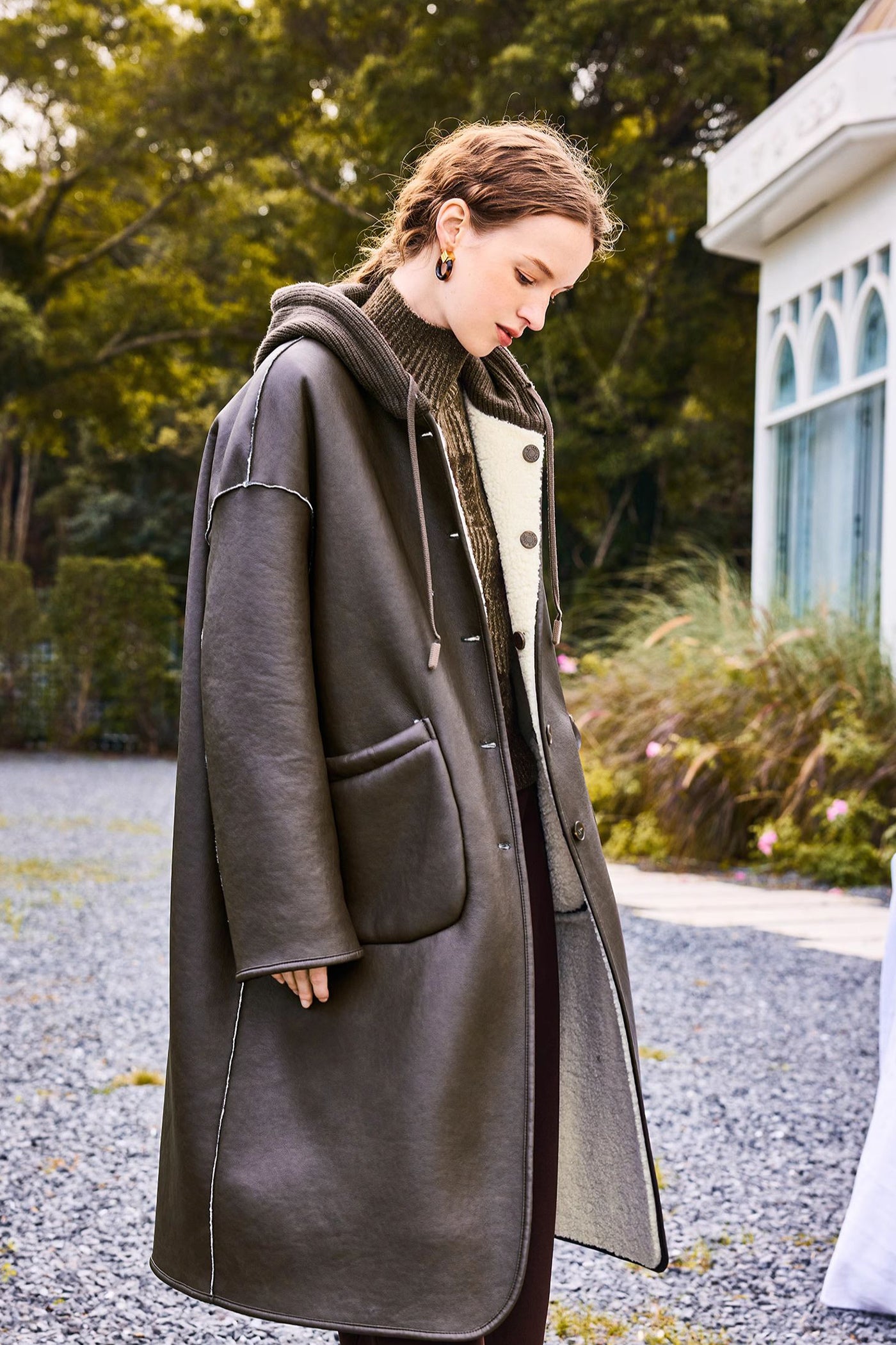 KAMILAN Women's Faux Fur Coat  2025 Winter Reversible Hooded PU Leather & Knit Overcoat