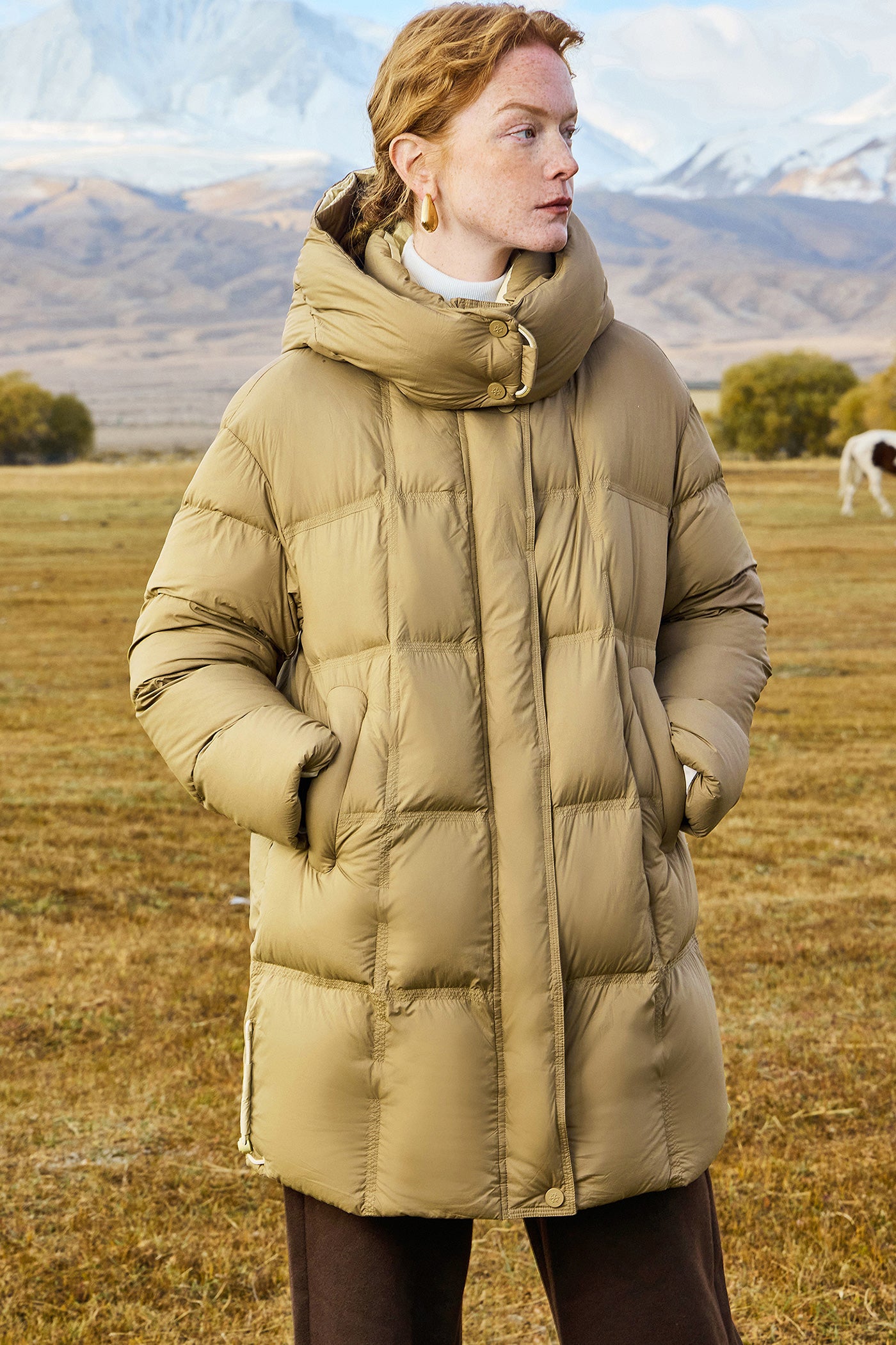 KAMILAN Women's Mid-Length White Goose Down Jacket 2025 Winter Hooded Puffer Coat