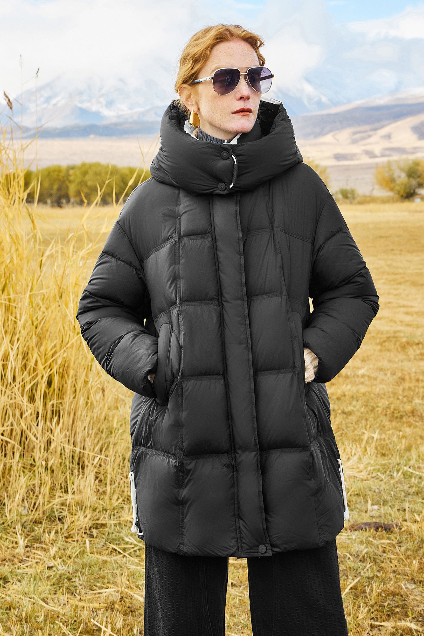 KAMILAN Women's Mid-Length White Goose Down Jacket 2025 Winter Hooded Puffer Coat