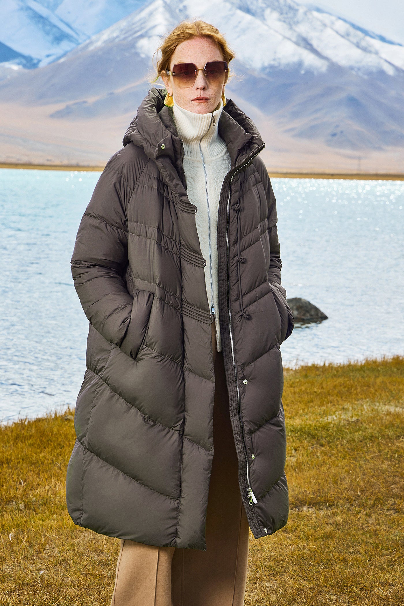 KAMILAN Women's 2025 Winter Over-the-Knee Down Coat  Vintage Mid-Length Hooded Puffer Jacket