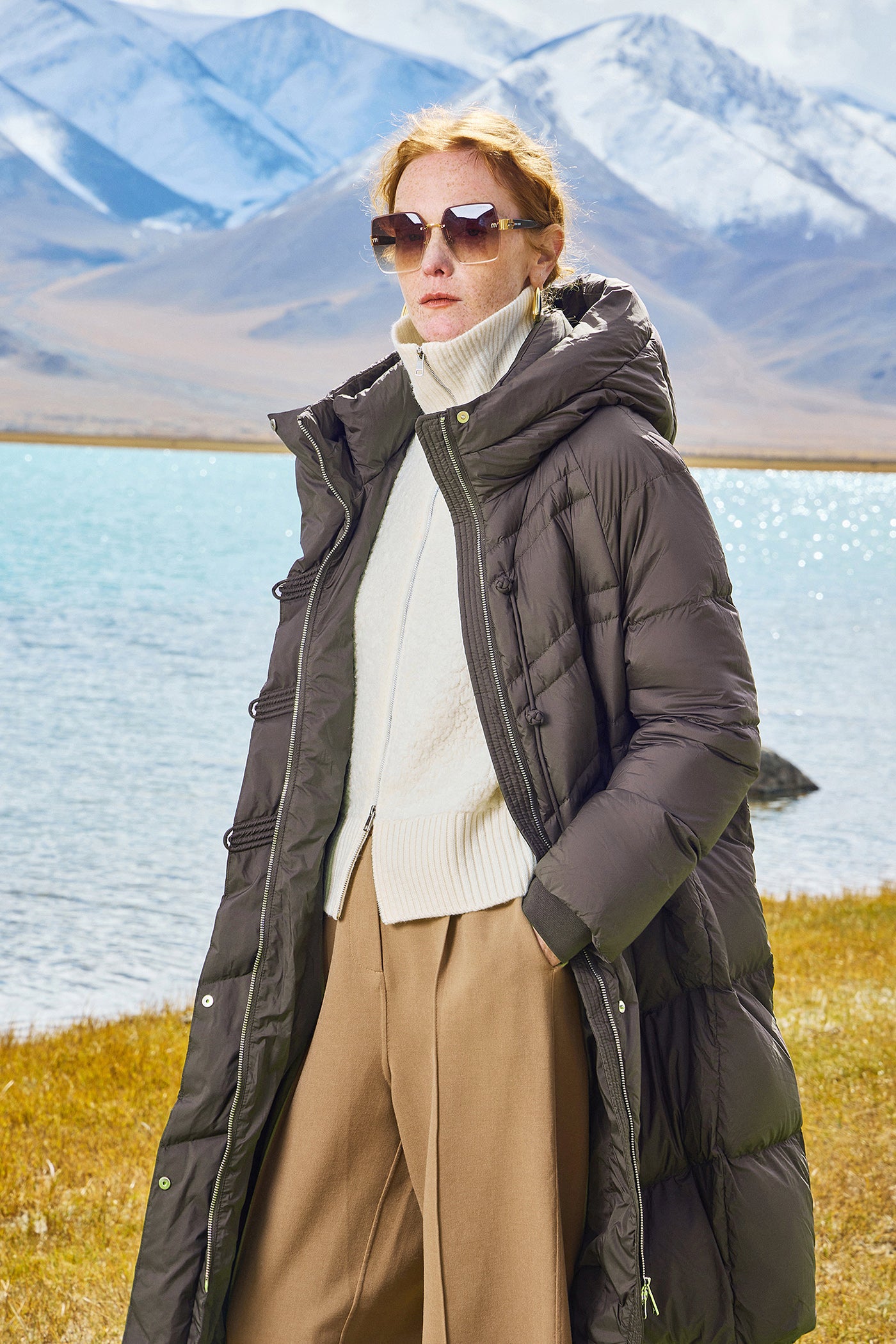 KAMILAN Women's 2025 Winter Over-the-Knee Down Coat  Vintage Mid-Length Hooded Puffer Jacket