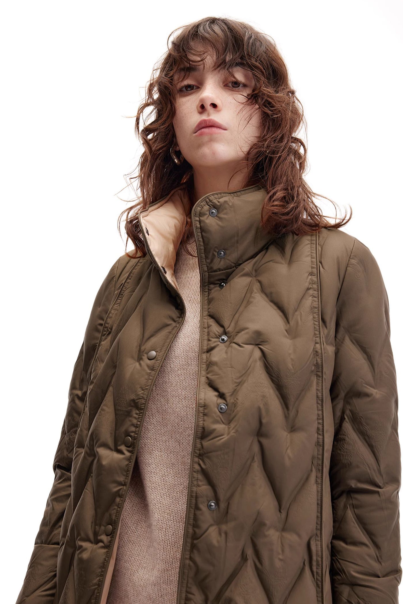 KAMILAN Women's Jacquard Diamond Quilted Down Jacket 2025 Winter High-Neck White Duck Down Puffer Coat