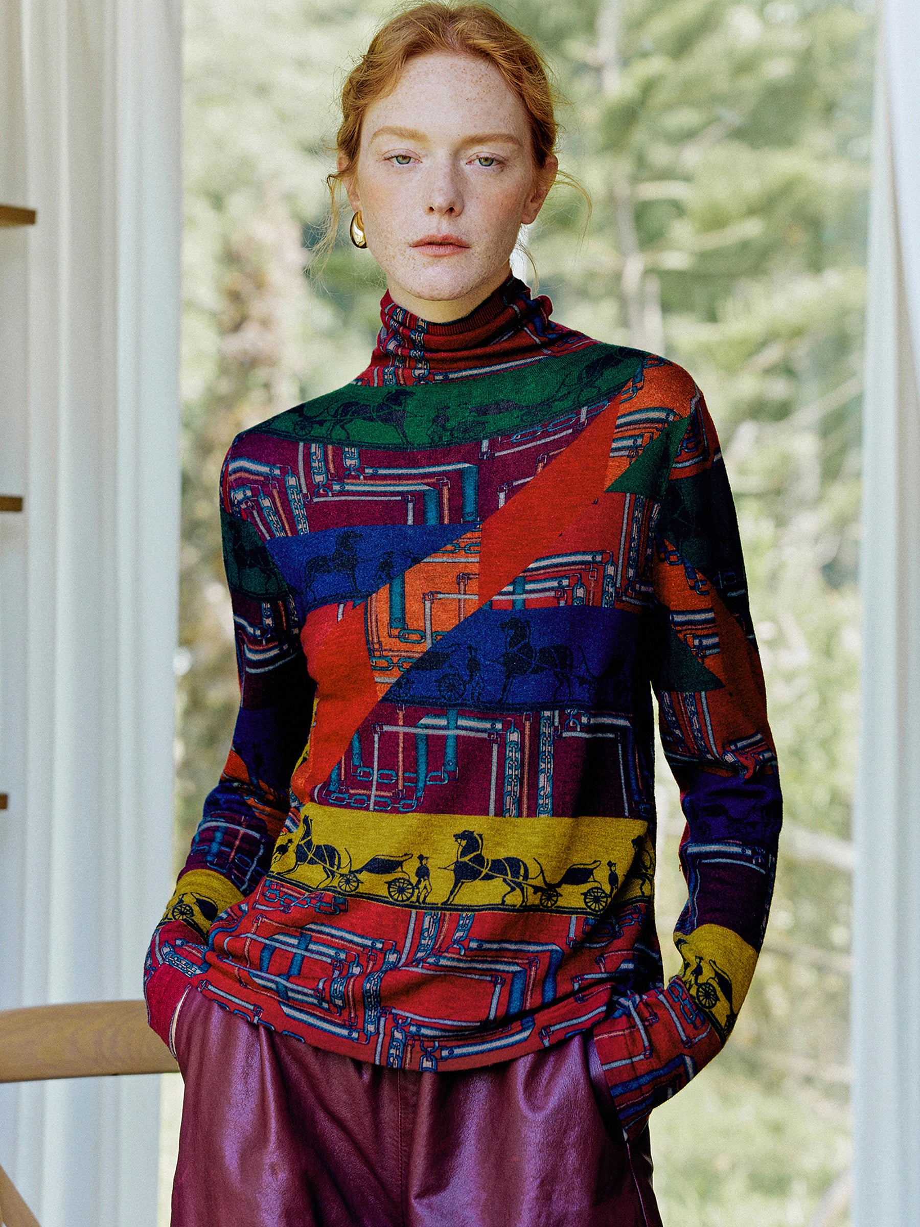 KAMILAN Women’s 2025 Fall 100% Merino Wool Printed Mock-Neck Knit Sweater Elegant Fine Long-Sleeve Pullover Top