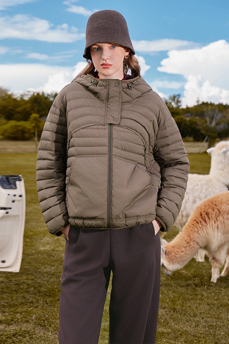 KAMILAN Women's Black Hooded Patchwork Short Down Jacket 2025 Winter New White Duck Down Warm Coat