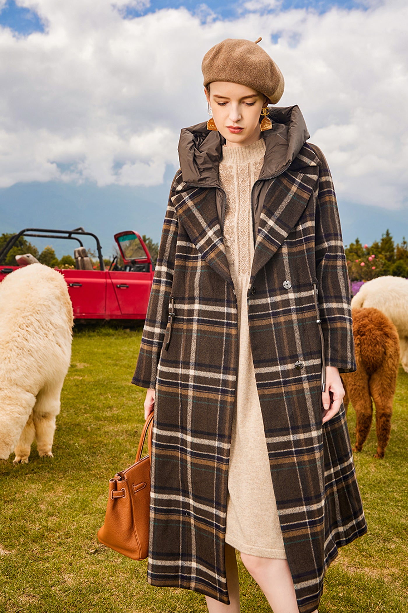 KAMILAN Women's Checkered Wool Coat – 2025 Autumn/Winter New Midi Overcoat with White Goose Down Panels