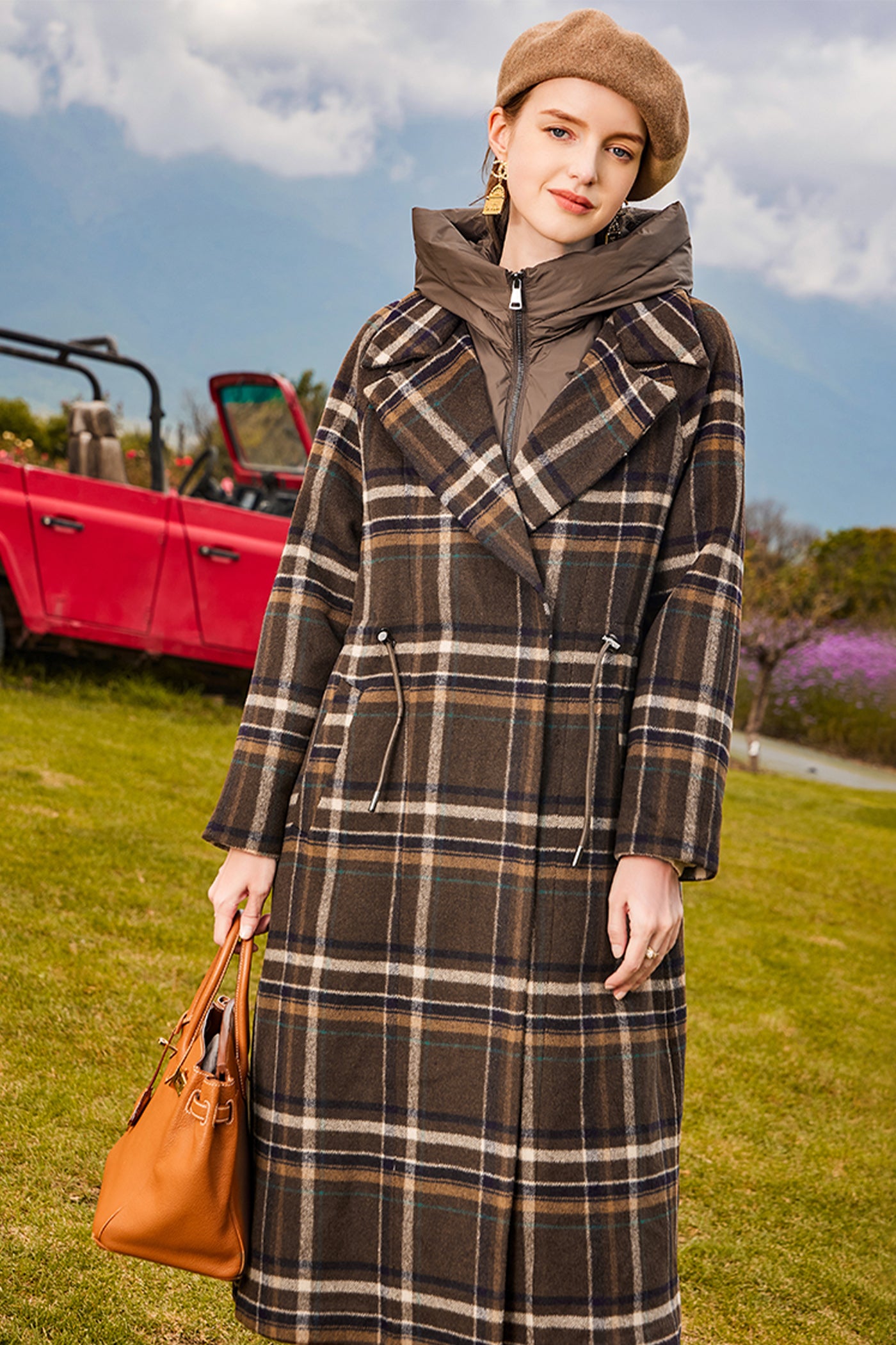 KAMILAN Women's Checkered Wool Coat – 2025 Autumn/Winter New Midi Overcoat with White Goose Down Panels
