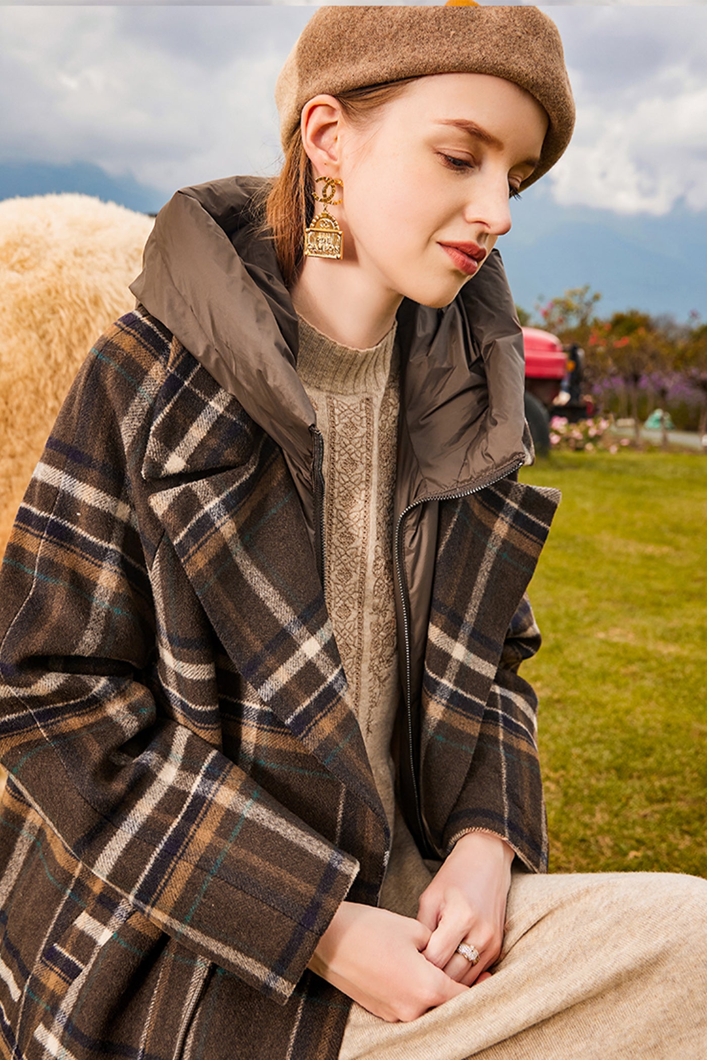 KAMILAN Women's Checkered Wool Coat – 2025 Autumn/Winter New Midi Overcoat with White Goose Down Panels