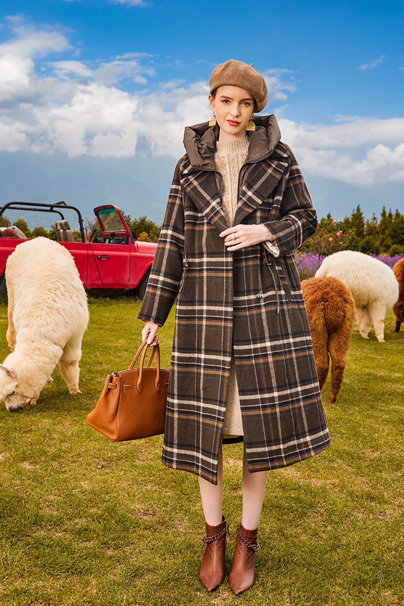 KAMILAN Women's Checkered Wool Coat – 2025 Autumn/Winter New Midi Overcoat with White Goose Down Panels