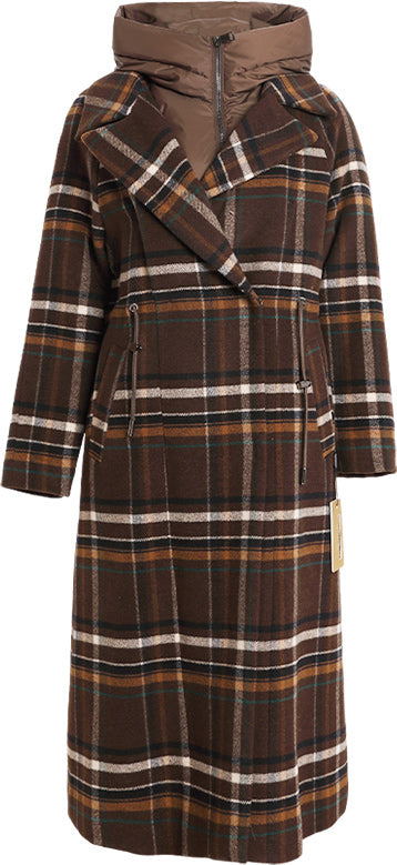 KAMILAN Women's Checkered Wool Coat – 2025 Autumn/Winter New Midi Overcoat with White Goose Down Panels