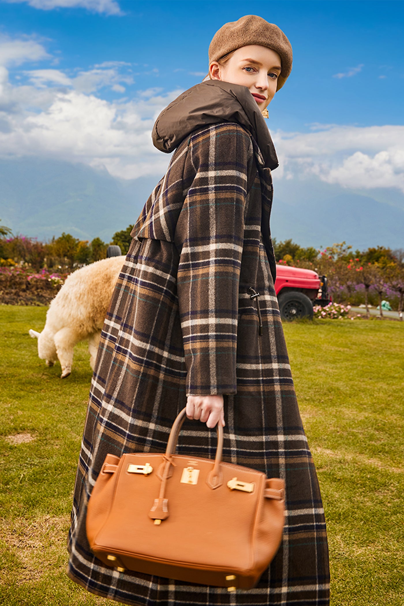 KAMILAN Women's Checkered Wool Coat – 2025 Autumn/Winter New Midi Overcoat with White Goose Down Panels