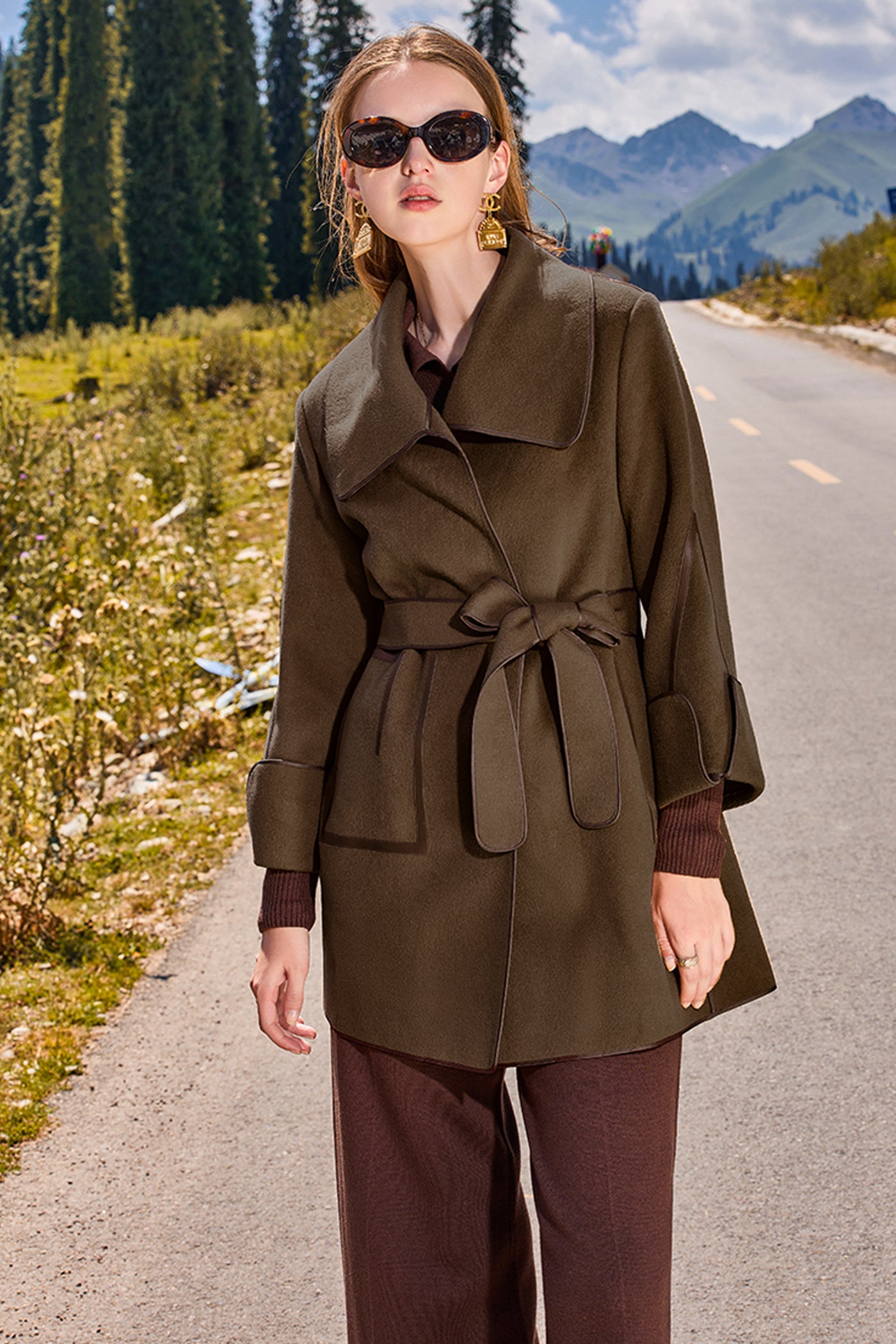 KAMILAN Women's Wool Coat – 2025 Winter New Elegant Double-Faced Midi Overcoat with Belt