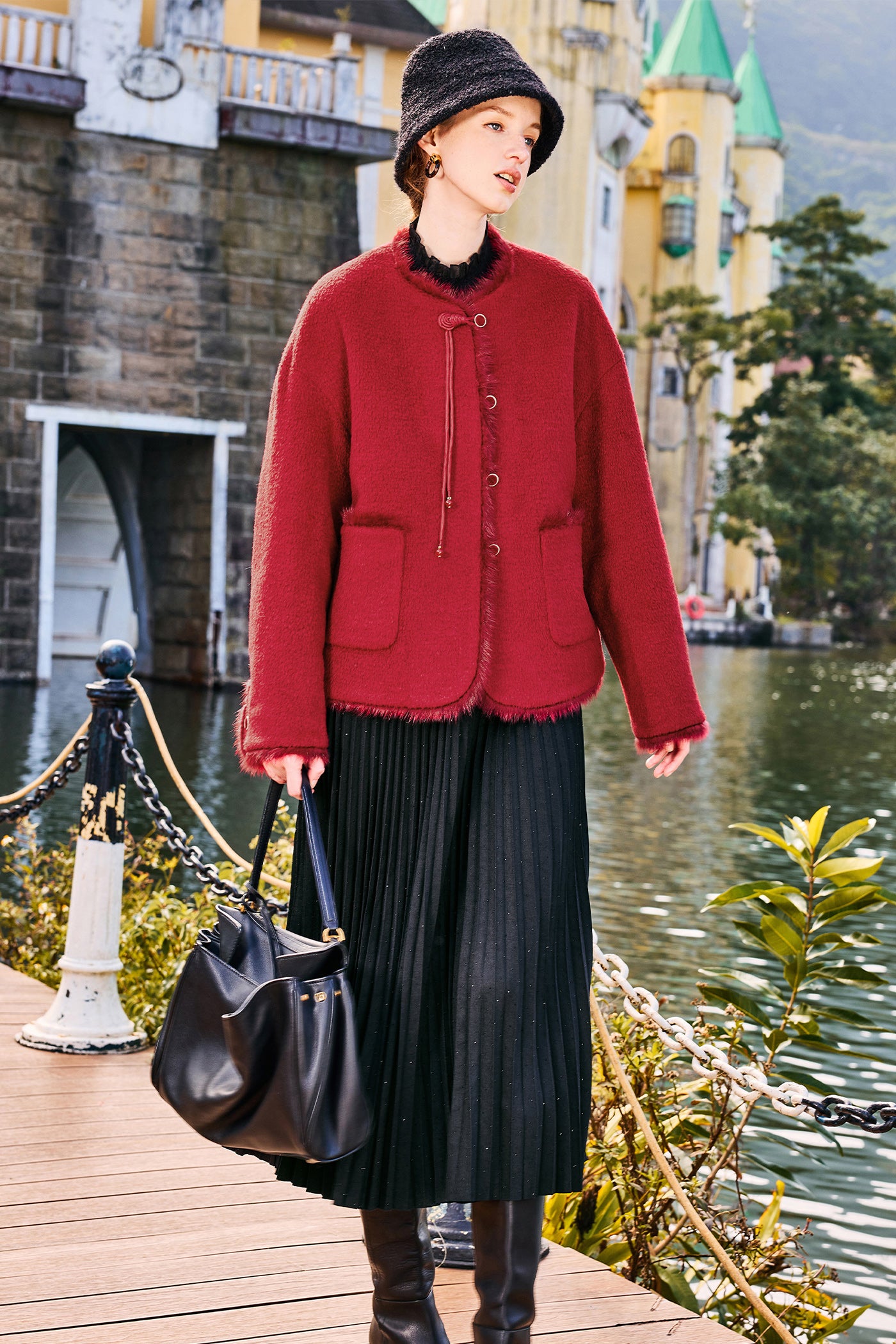 KAMILAN Women's New Chinese-Style Coat – 2025 Autumn/Winter Fur-Trimmed Round-Neck Jacket
