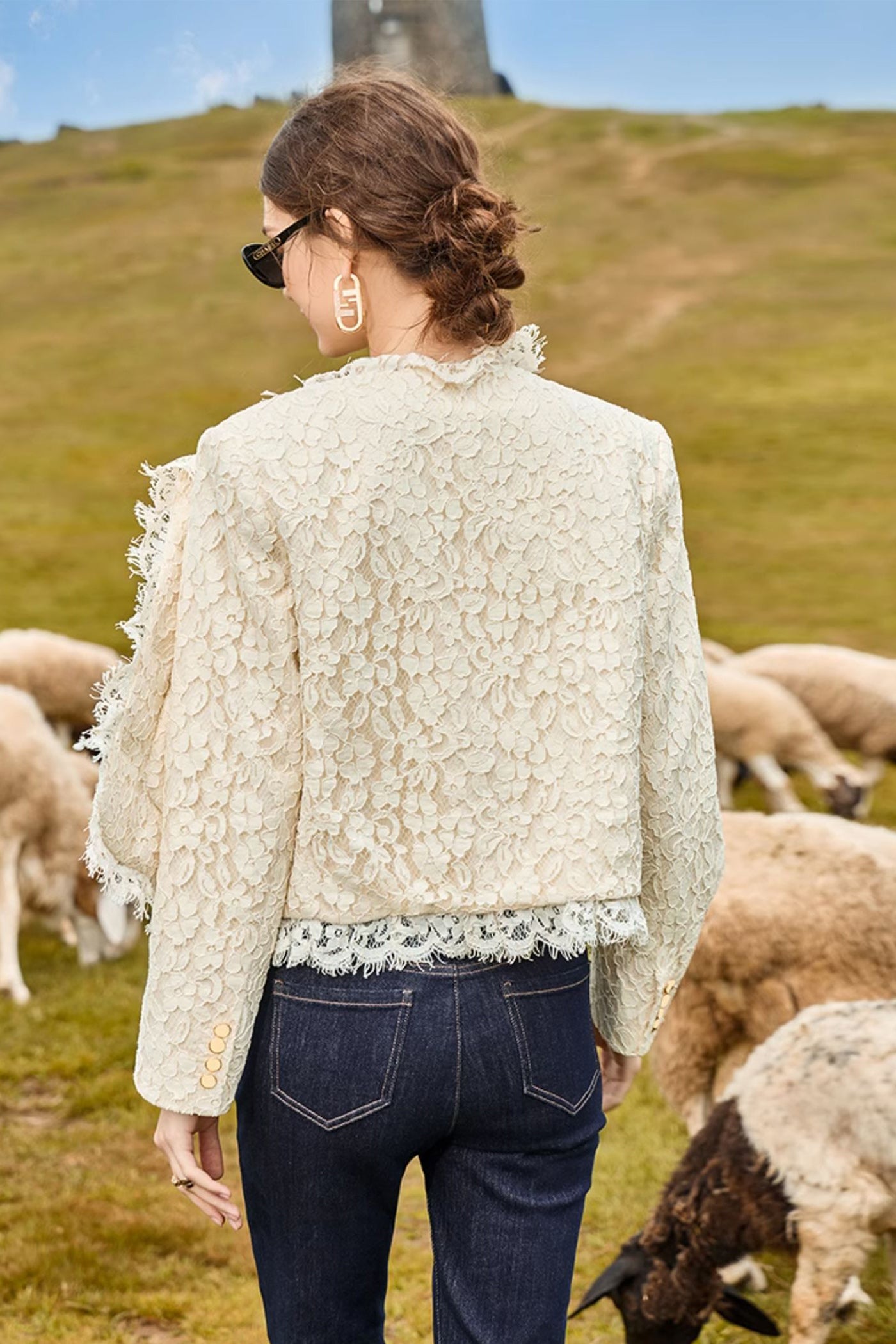 KAMILAN French Elegant Cropped Tweed Jacket for Women | 2025 Autumn Lace Embroidery & Flocking Design