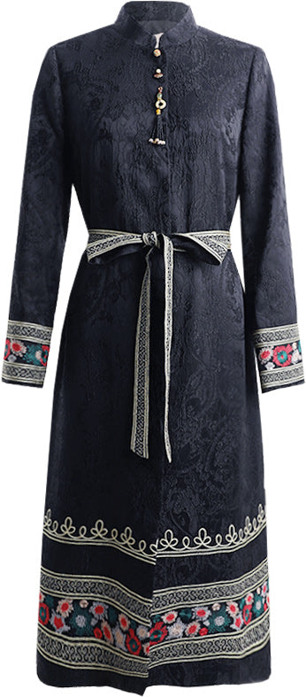 KAMILAN New Chinese Style Embroidered Trench Coat – 2025 Autumn Elegant Long Flared Hem Casual Outerwear