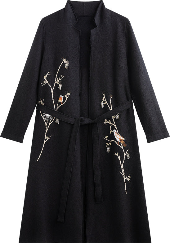 KAMILAN Women's Long Wool Coat – 2025 Autumn New Embroidered Woolen Overcoat