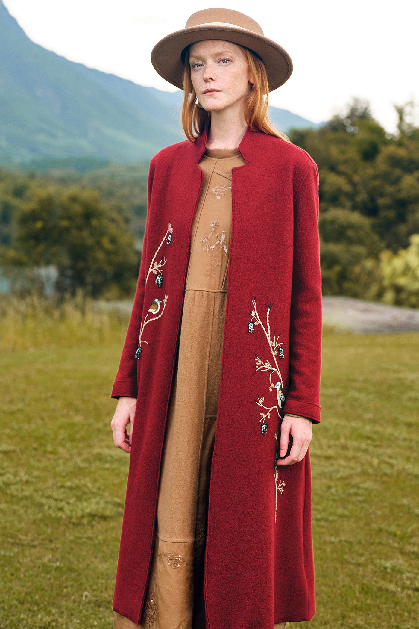 KAMILAN Women's Long Wool Coat – 2025 Autumn New Embroidered Woolen Overcoat