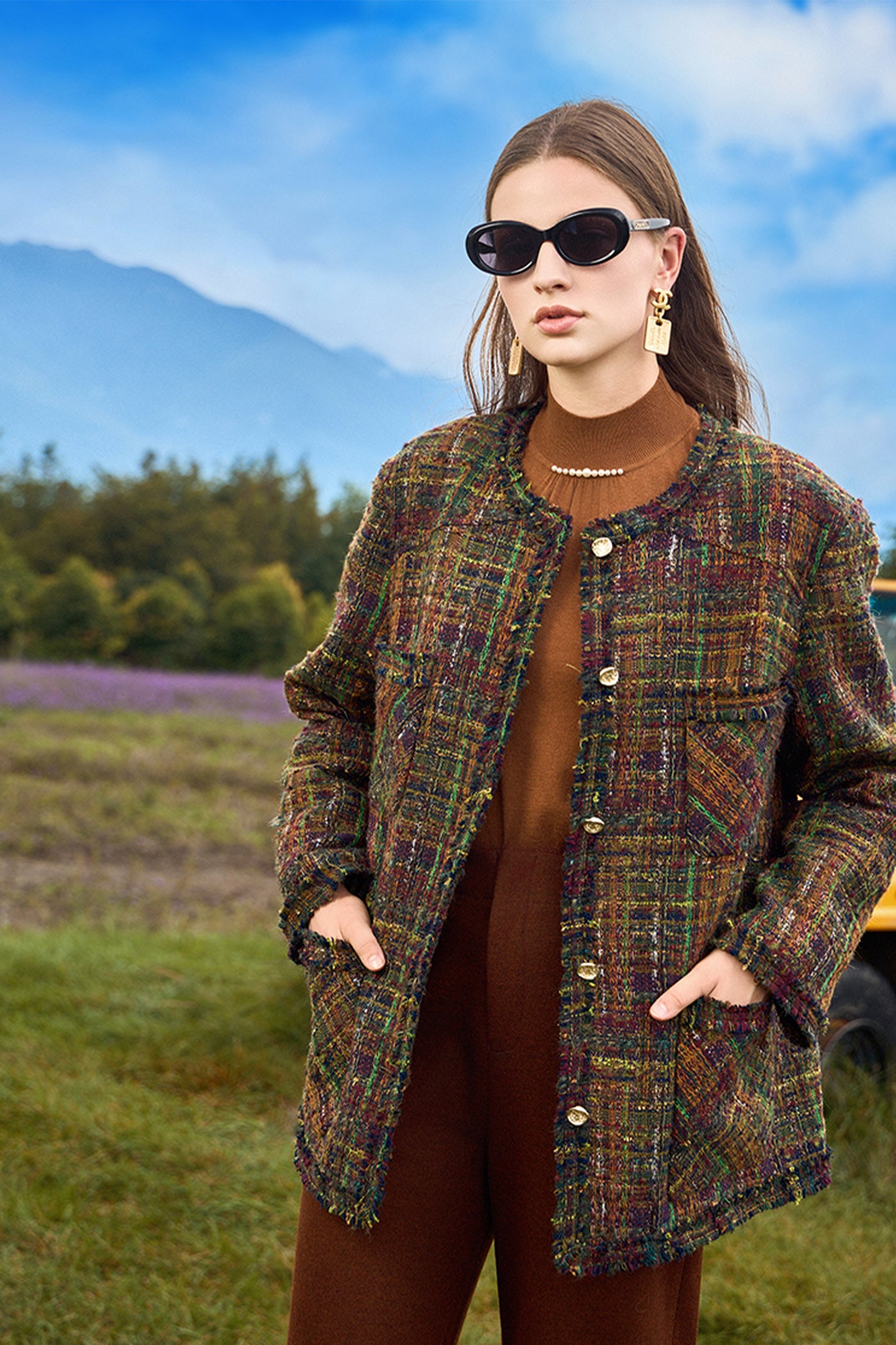 KAMILAN Women's 2025 Fall/Winter Tweed Wool Coat – Mid-Length Vintage-Inspired Elegant Outerwear