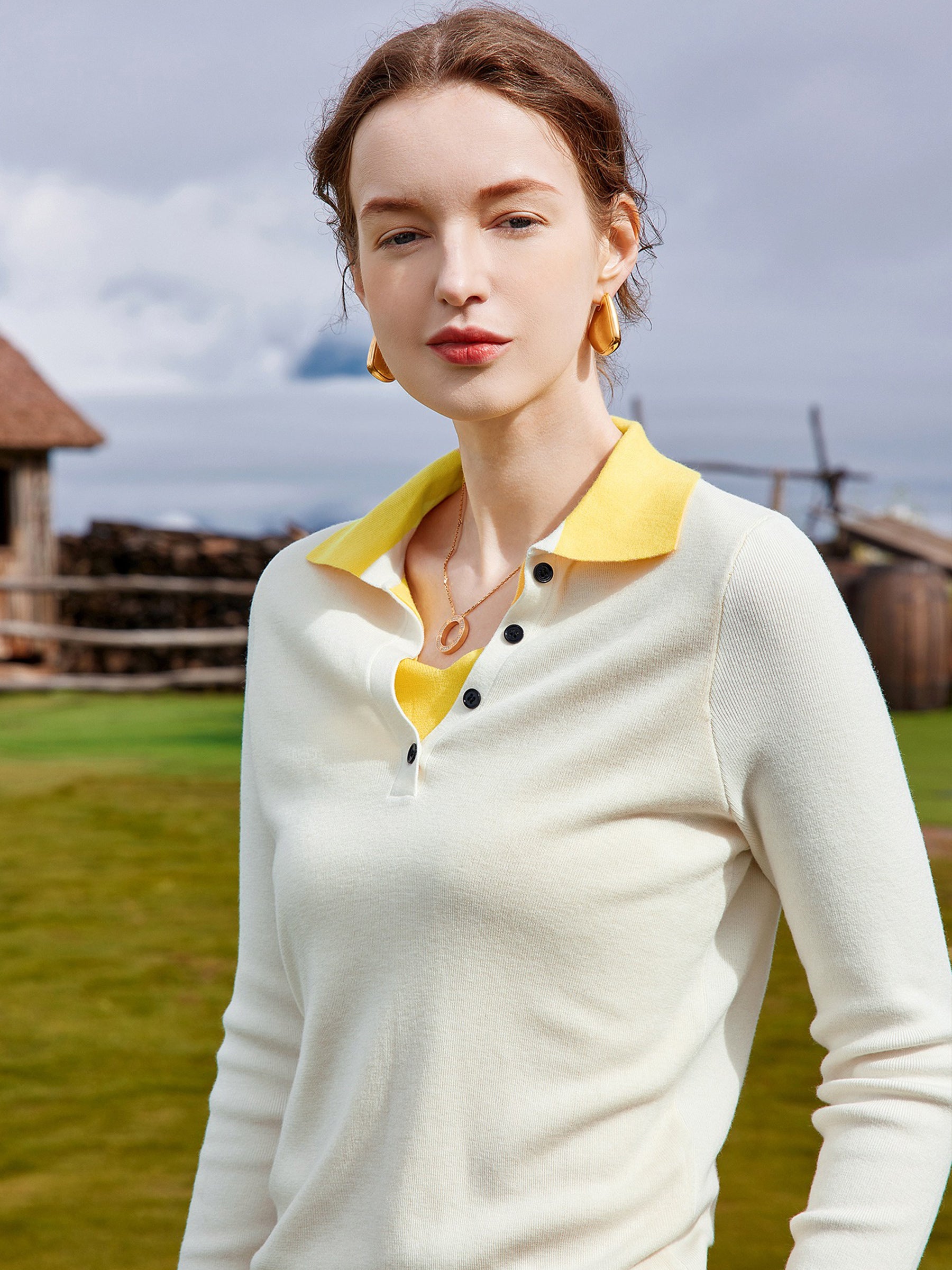 KAMILAN Women’s 2025 Fall French-Style Colorblock Polo Collar Knit Pullover Sweater Slim Casual Long-Sleeve Top