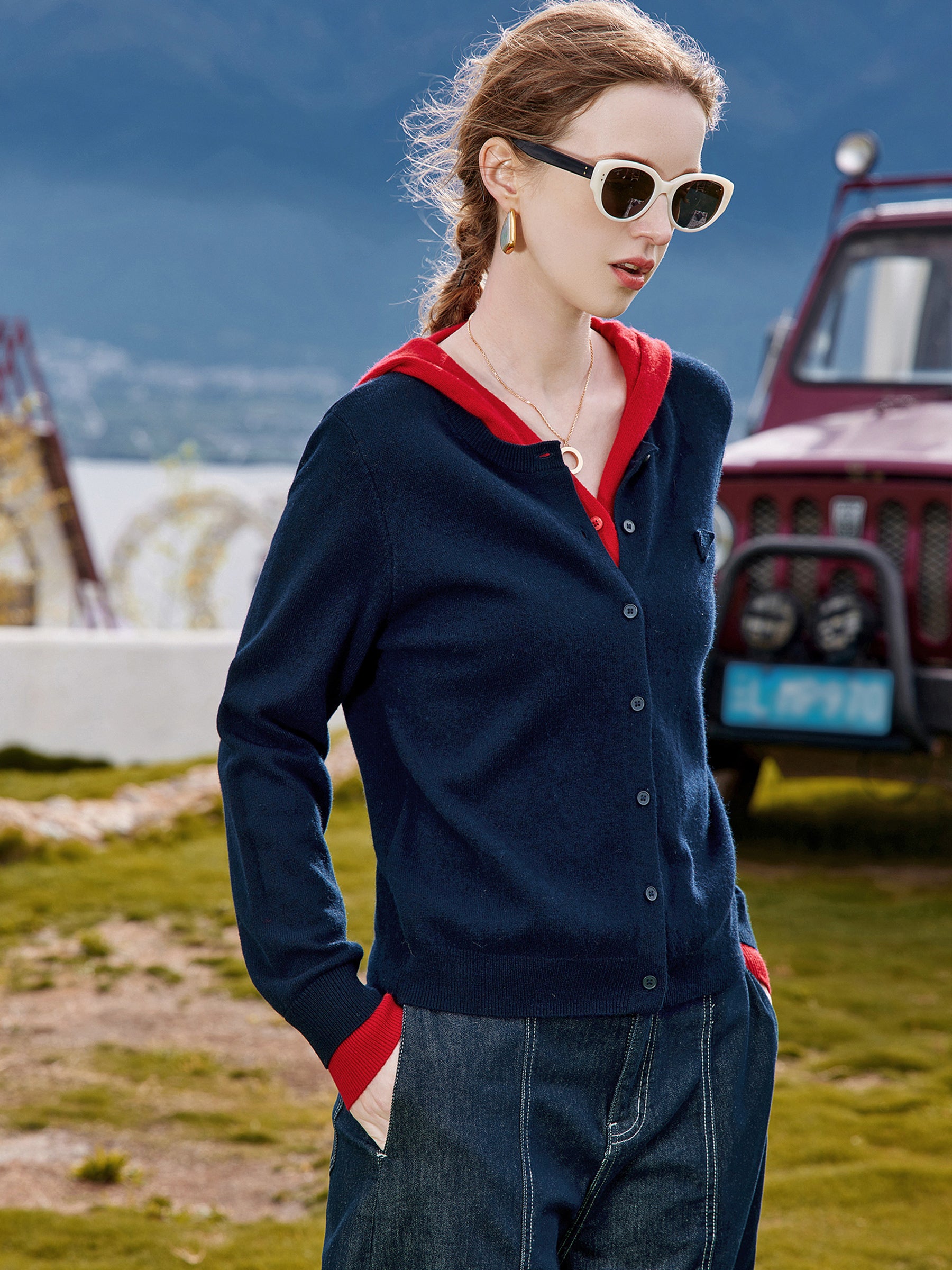 KAMILAN Women’s 2025 Fall 100% Merino Wool Colorblock Hooded Knit Cardigan Button-Front Soft Loose-Fit Sweater Jacket