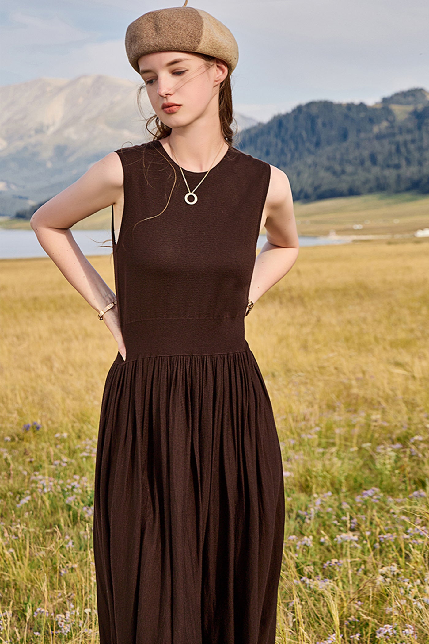 KAMILAN Women's Wool Knit Patchwork Sleeveless Dress | 2025 Fall Elegant Mid-Length A-Line Slim Fit