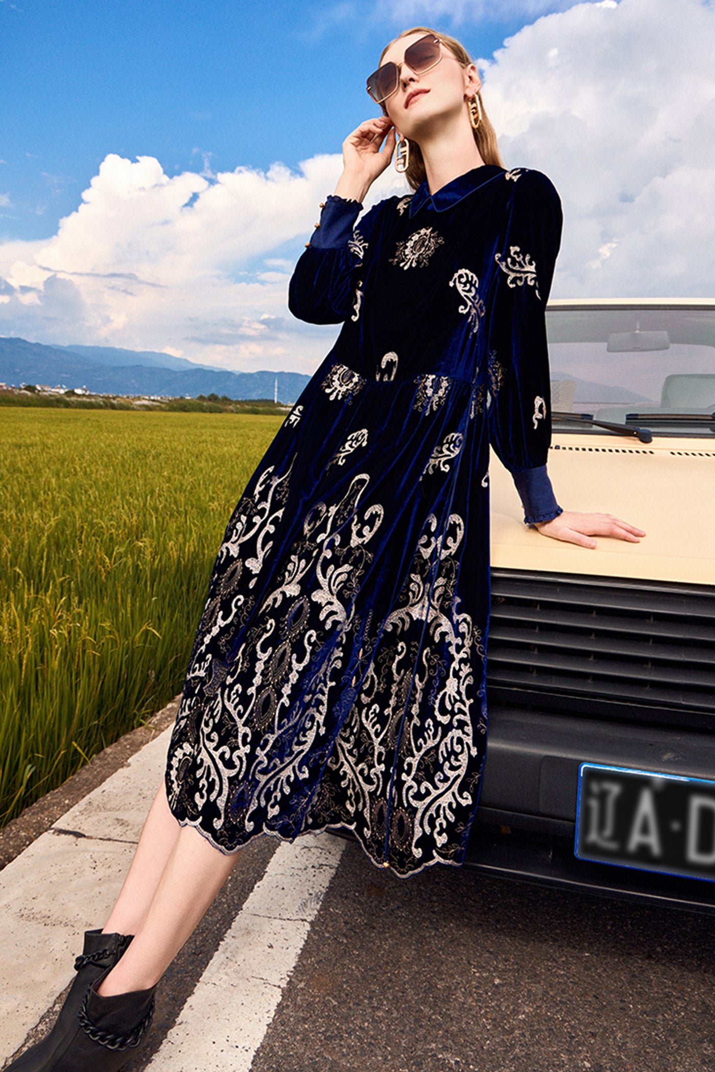 KAMILAN Women's Elegant Vintage Embroidered Dress | High Waist A-Line Midi Dress with Long Sleeves – Fall Winter 2025