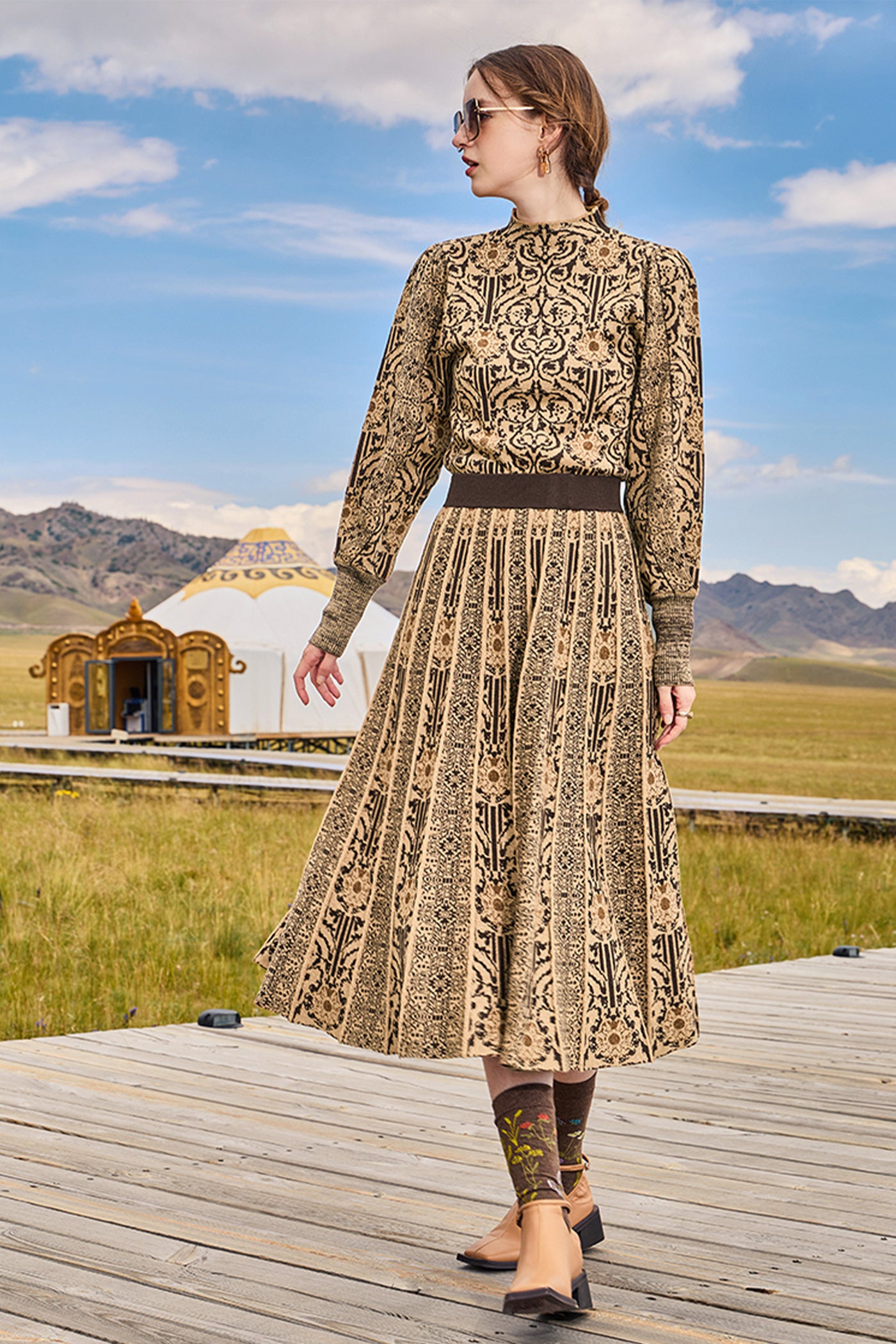 KAMILAN Women's French Vintage Skirt – 2024 Autumn New Elegant High-Waist Midi A-Line Skirt