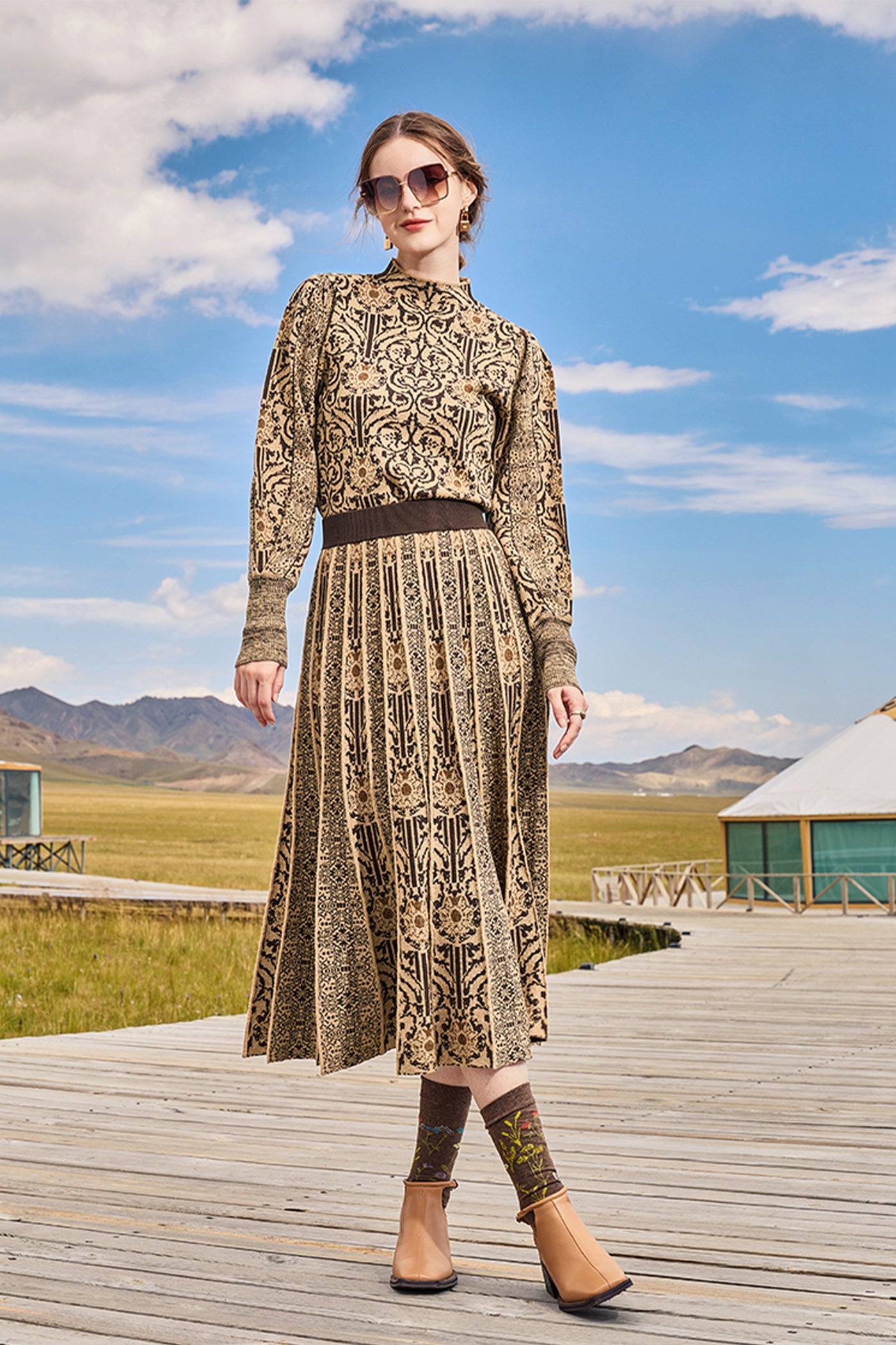 KAMILAN Women's French Vintage Skirt – 2024 Autumn New Elegant High-Waist Midi A-Line Skirt