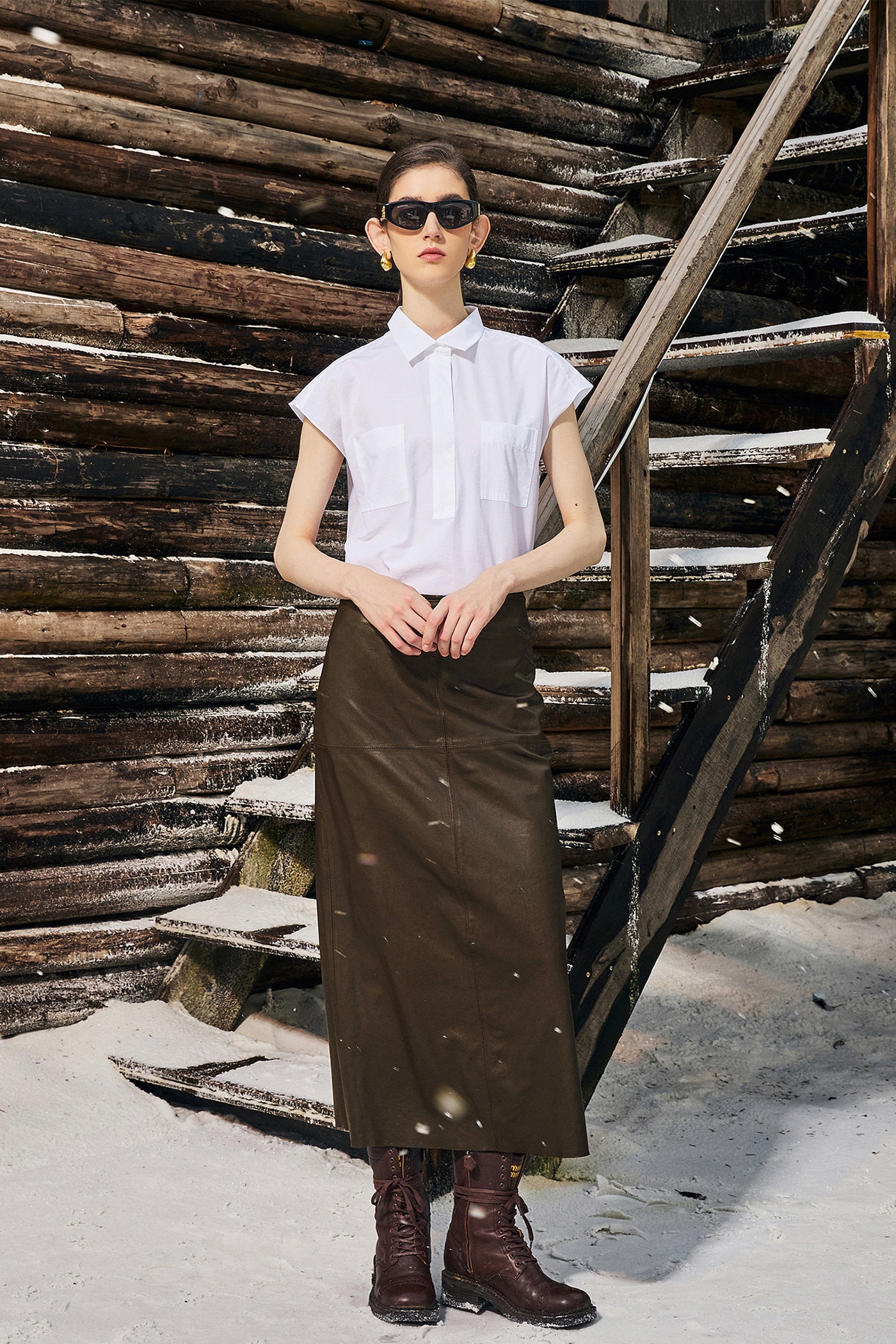 KAMILAN Genuine Leather Midi Skirt for Women – 2025 Fall New High-Waisted A-Line Skirt