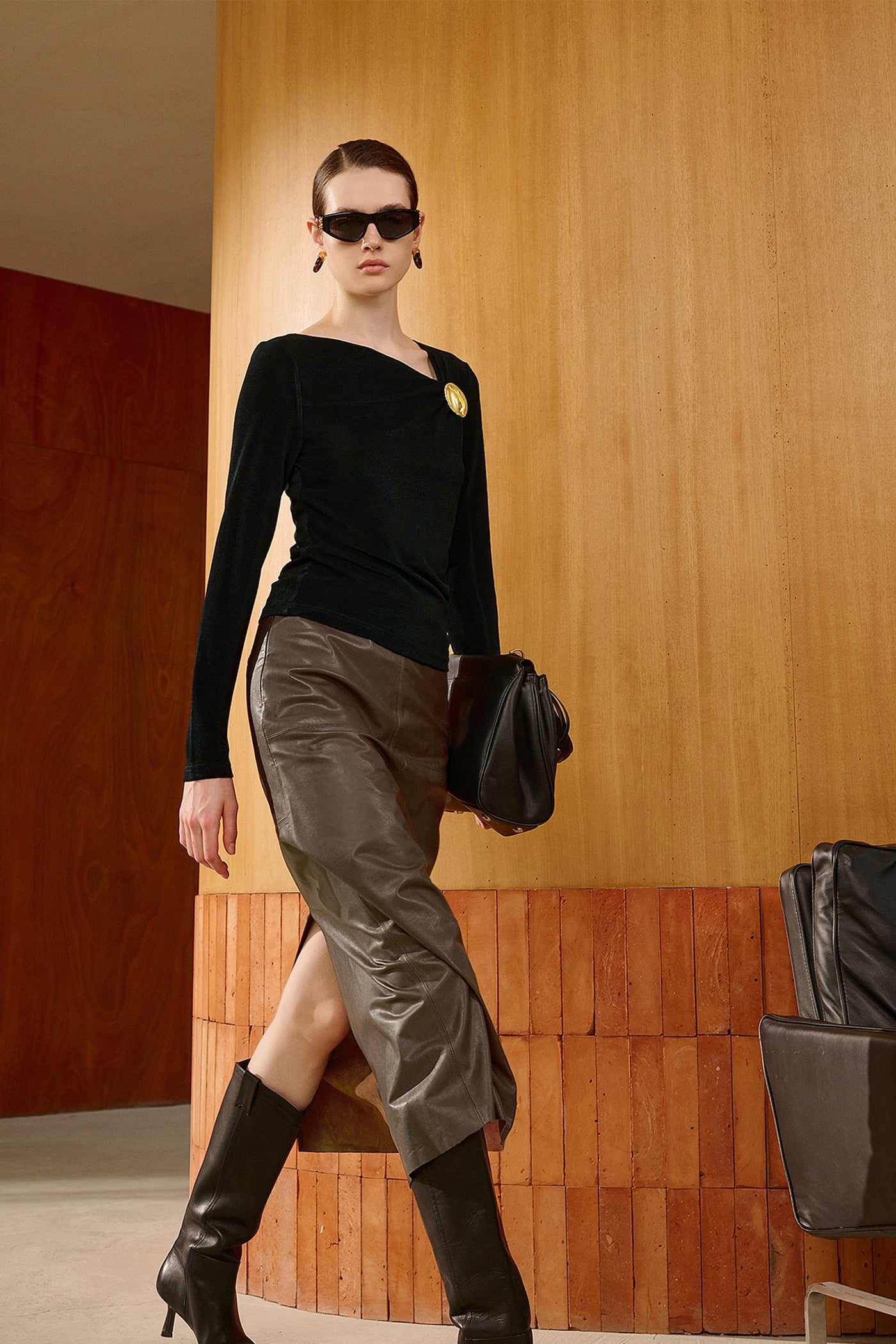 KAMILAN Genuine Leather Midi Skirt for Women – 2025 Fall New High-Waisted A-Line Skirt