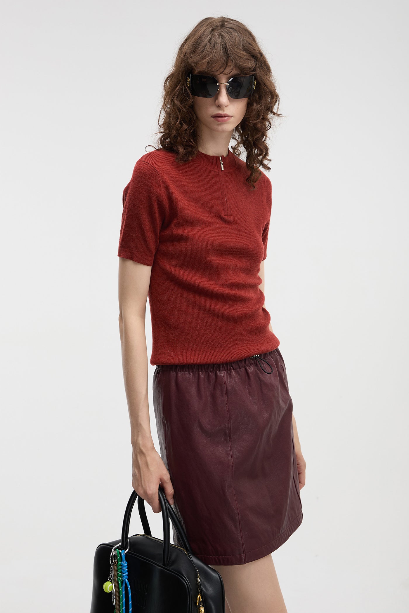 KAMILAN Women's Genuine Leather Mini Skirt – 2025 Autumn New High-Waisted Lambskin Skirt