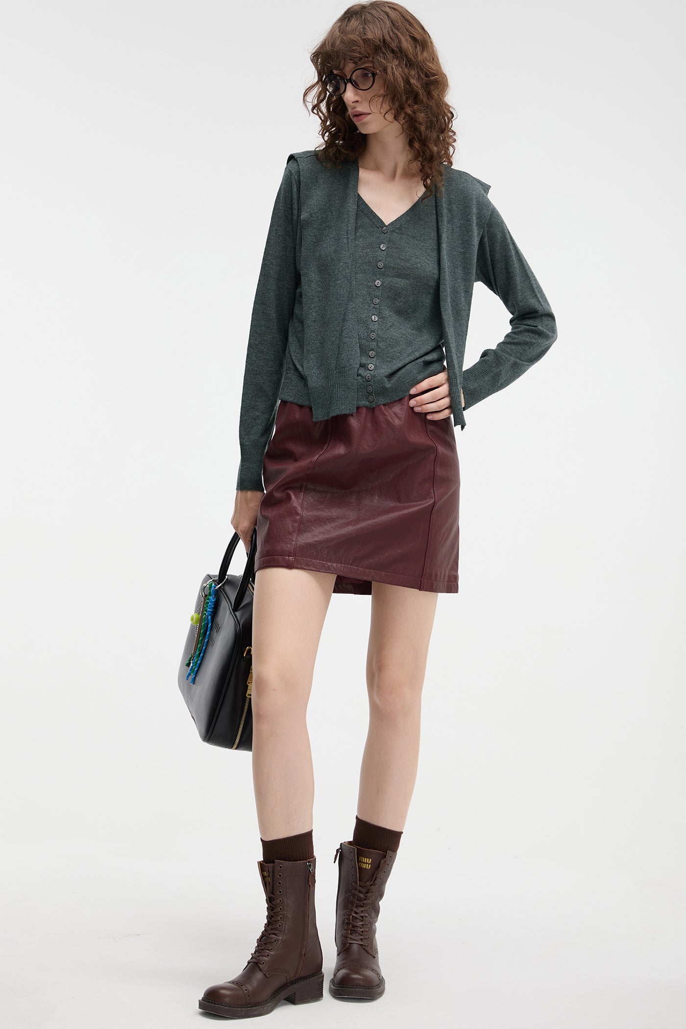 KAMILAN Women's Genuine Leather Mini Skirt – 2025 Autumn New High-Waisted Lambskin Skirt