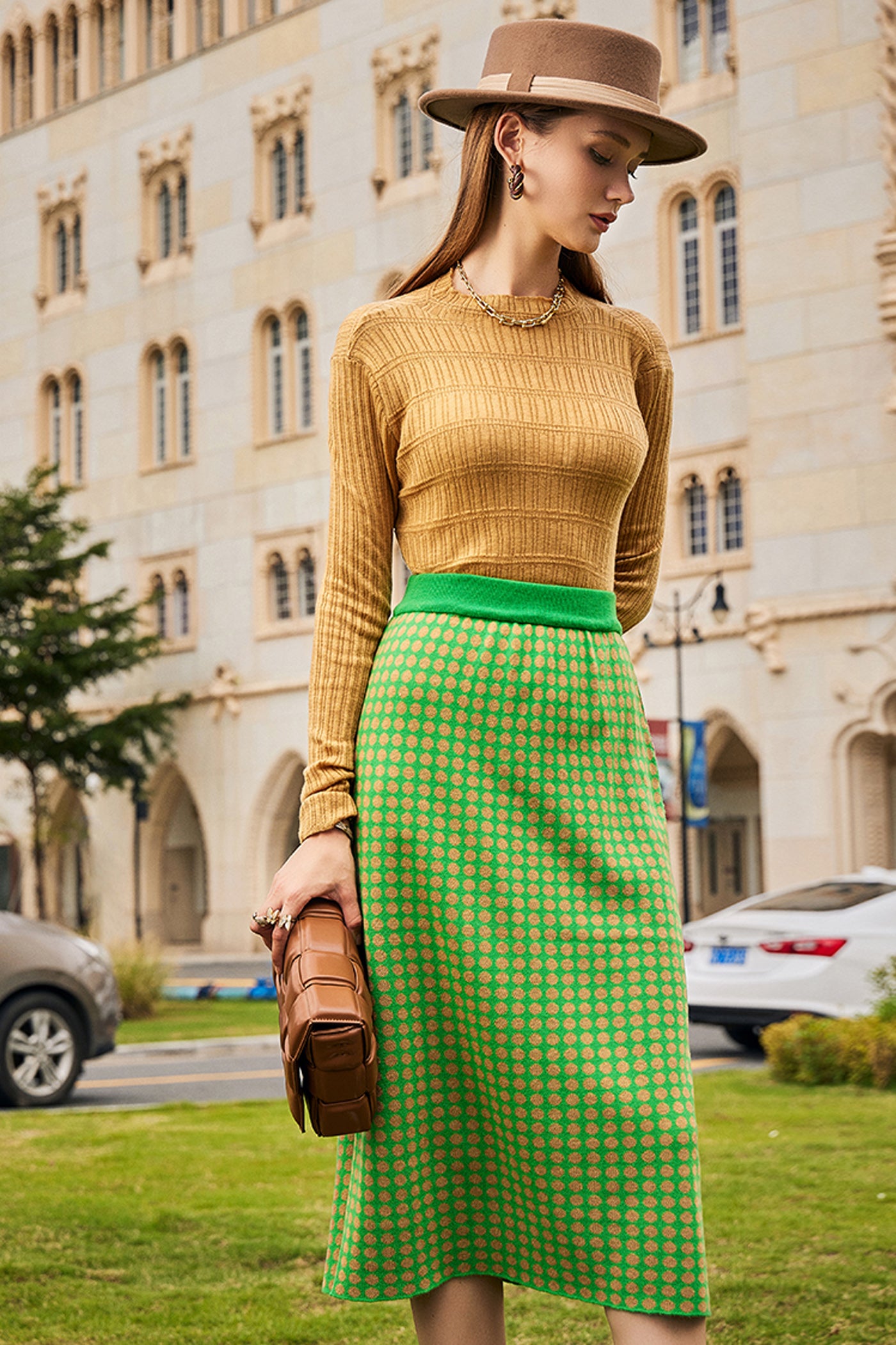 KAMILAN Women's Knitted A-Line Skirt – 2025 Autumn/Winter New High-Waist Midi Skirt