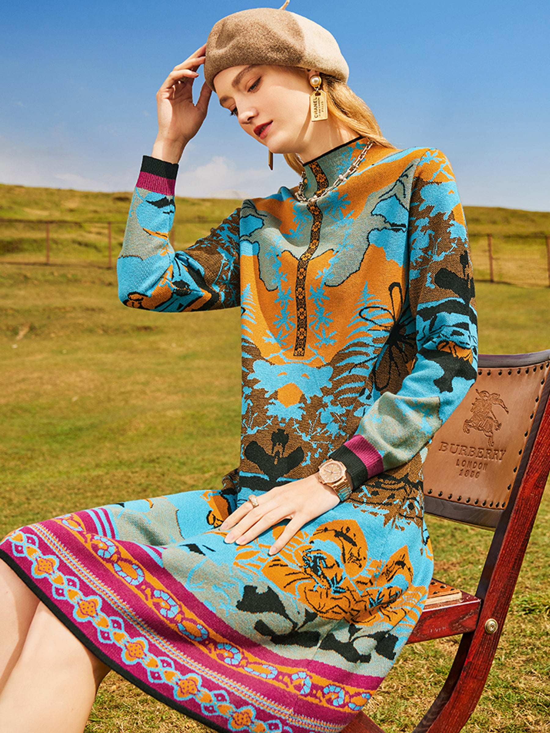 KAMILAN Women’s 2025 Fall A-Line Long-Sleeve Printed Knit Dress Loose-Fit Round-Neck Pullover Midi Dress