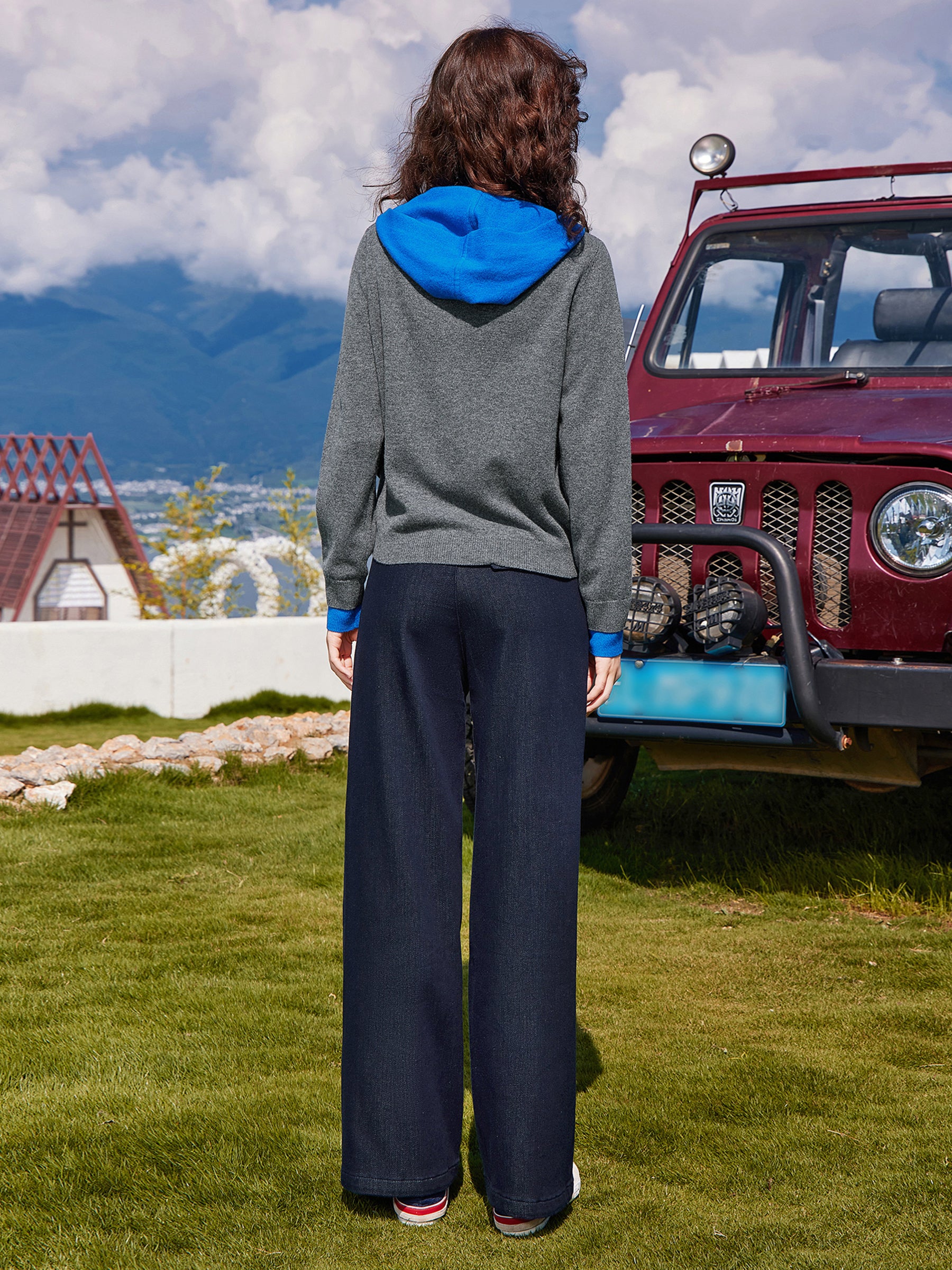 KAMILAN Women’s 2025 Fall 100% Merino Wool Colorblock Hooded Knit Cardigan Button-Front Soft Loose-Fit Sweater Jacket