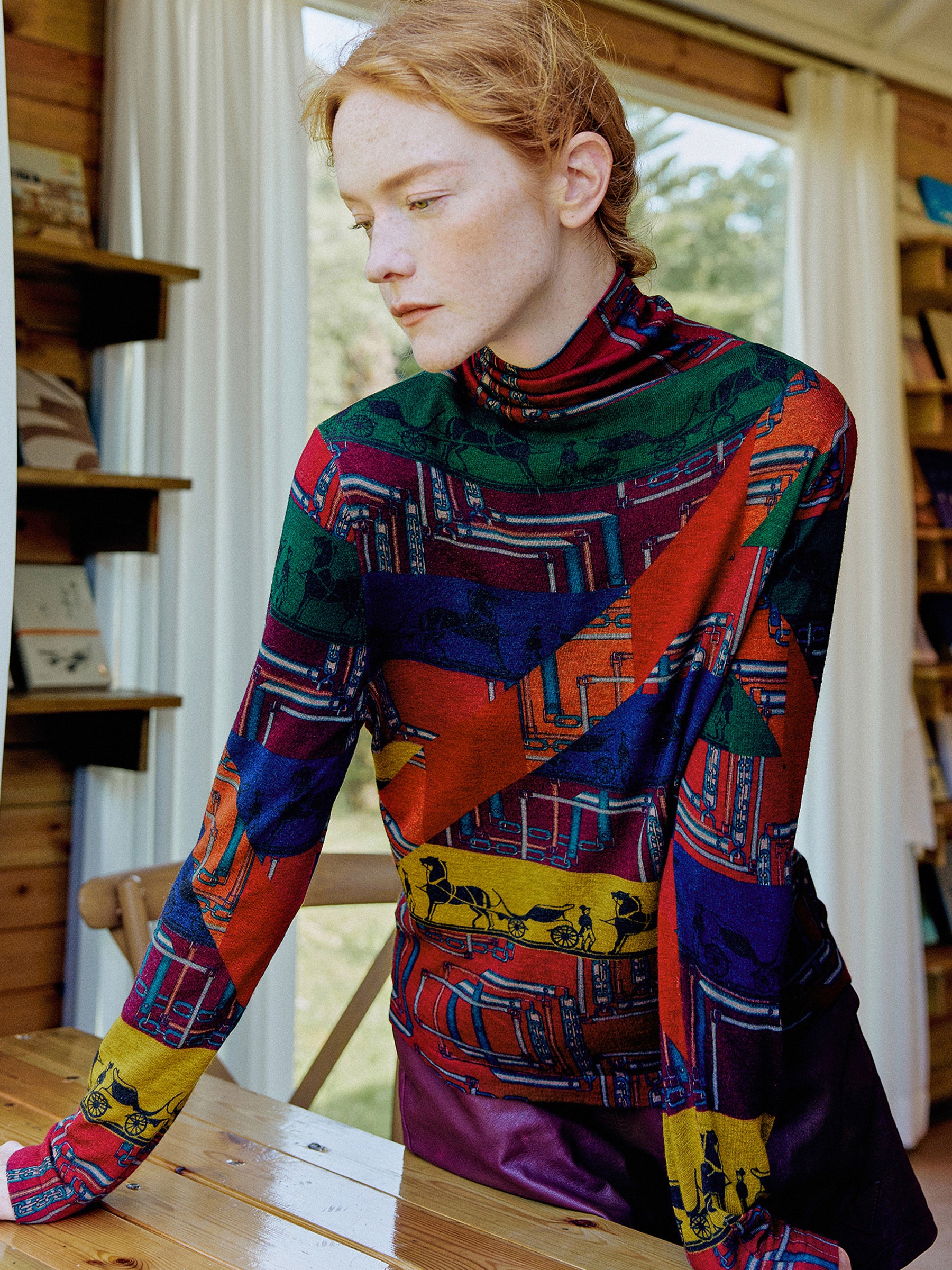 KAMILAN Women’s 2025 Fall 100% Merino Wool Printed Mock-Neck Knit Sweater Elegant Fine Long-Sleeve Pullover Top