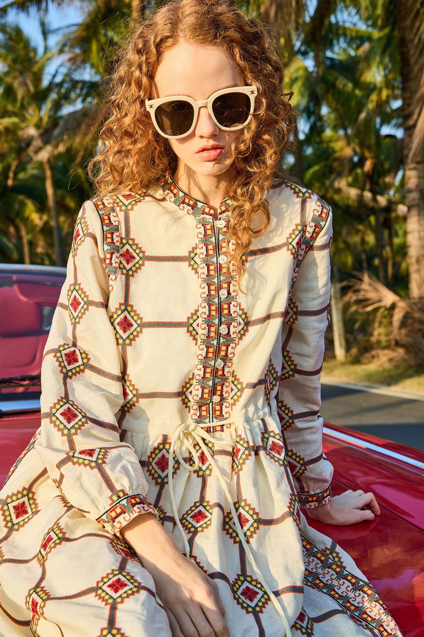 Camillo French small stand up collar high waisted dress for women in the spring of 2025, mid length embroidered A-line skirt