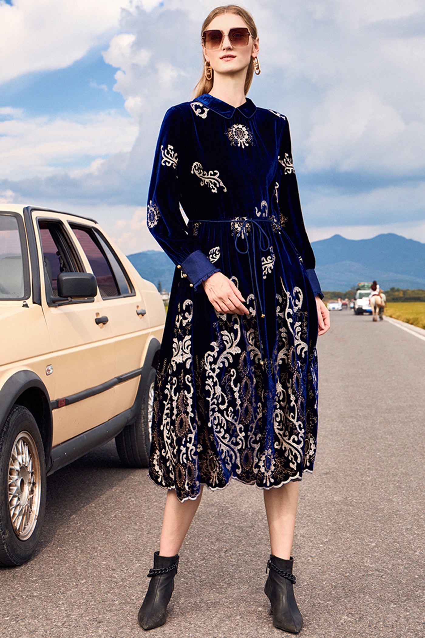 KAMILAN Women's Elegant Vintage Embroidered Dress | High Waist A-Line Midi Dress with Long Sleeves – Fall Winter 2025