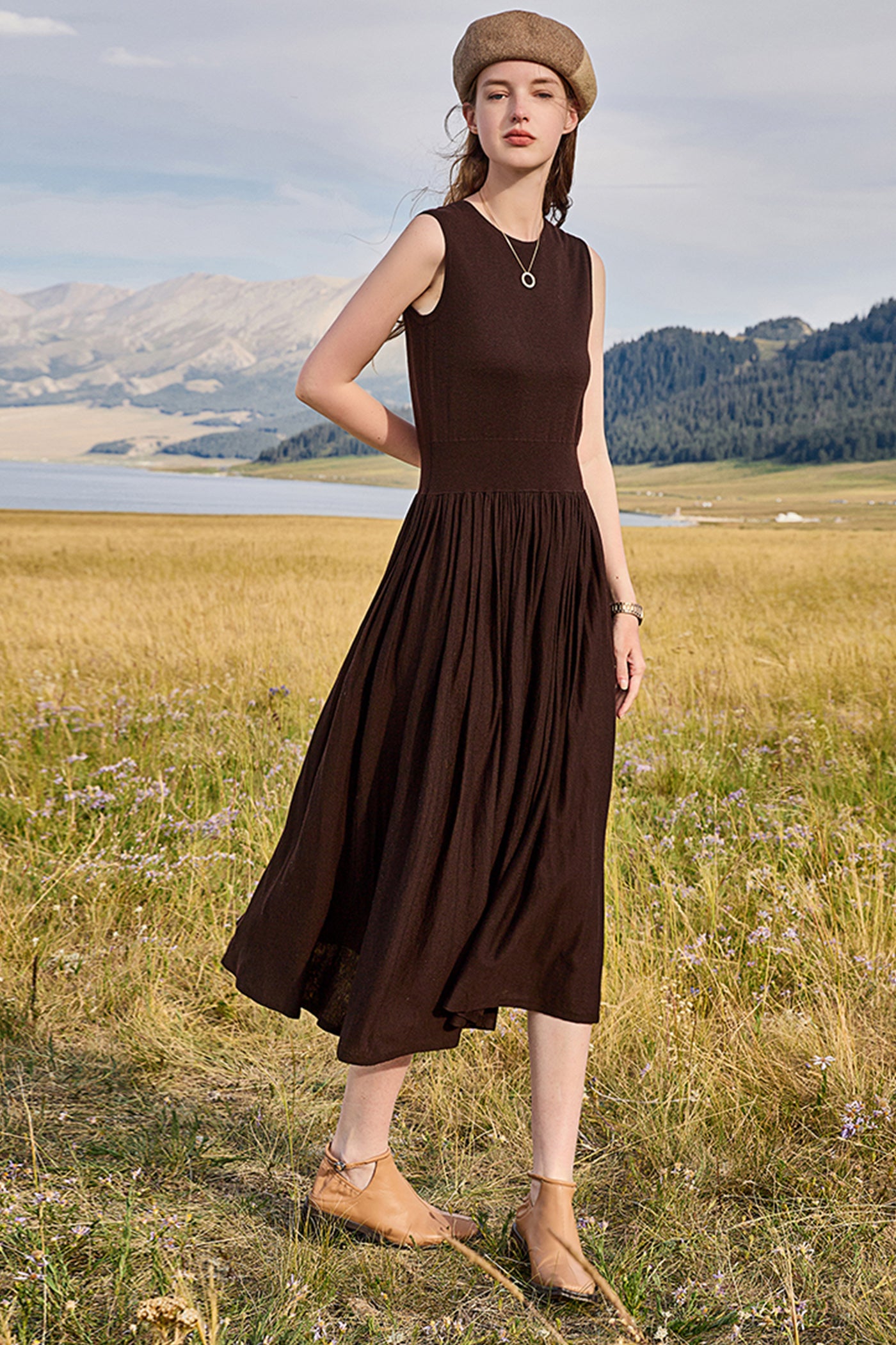 KAMILAN Women's Wool Knit Patchwork Sleeveless Dress | 2025 Fall Elegant Mid-Length A-Line Slim Fit
