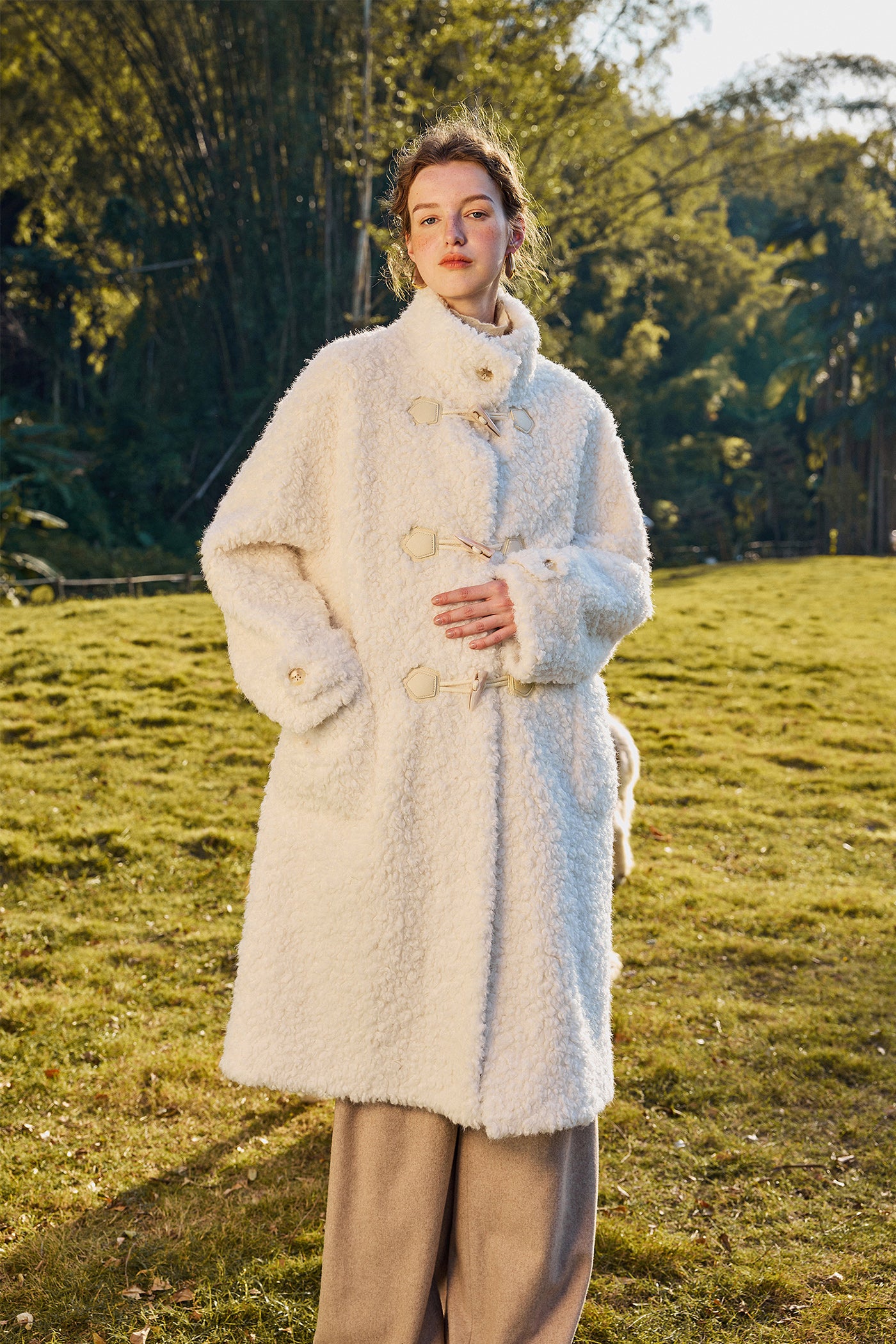 KAMILAN Women's Toggle Coat – 2025 Winter New Loose-Fit Mid-Length Warm Faux Fur Overcoat