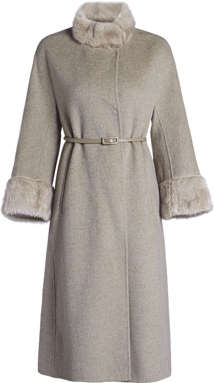 KAMILAN Women's Double-Faced Wool Coat – Winter New Mid-Length Overcoat with Mink Fur Collar and Fur-Trimmed Sleeves