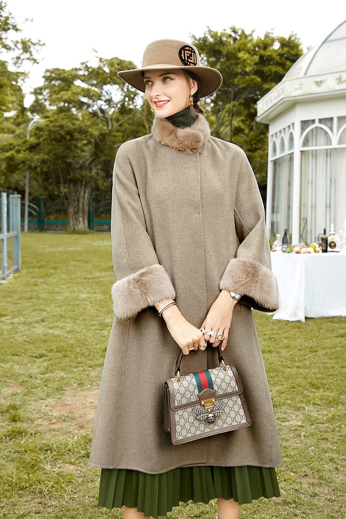 KAMILAN Women's Double-Faced Wool Coat – Winter New Mid-Length Overcoat with Mink Fur Collar and Fur-Trimmed Sleeves