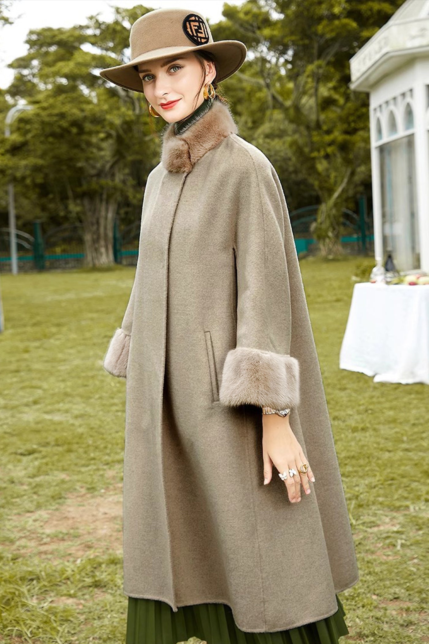 KAMILAN Women's Double-Faced Wool Coat – Winter New Mid-Length Overcoat with Mink Fur Collar and Fur-Trimmed Sleeves
