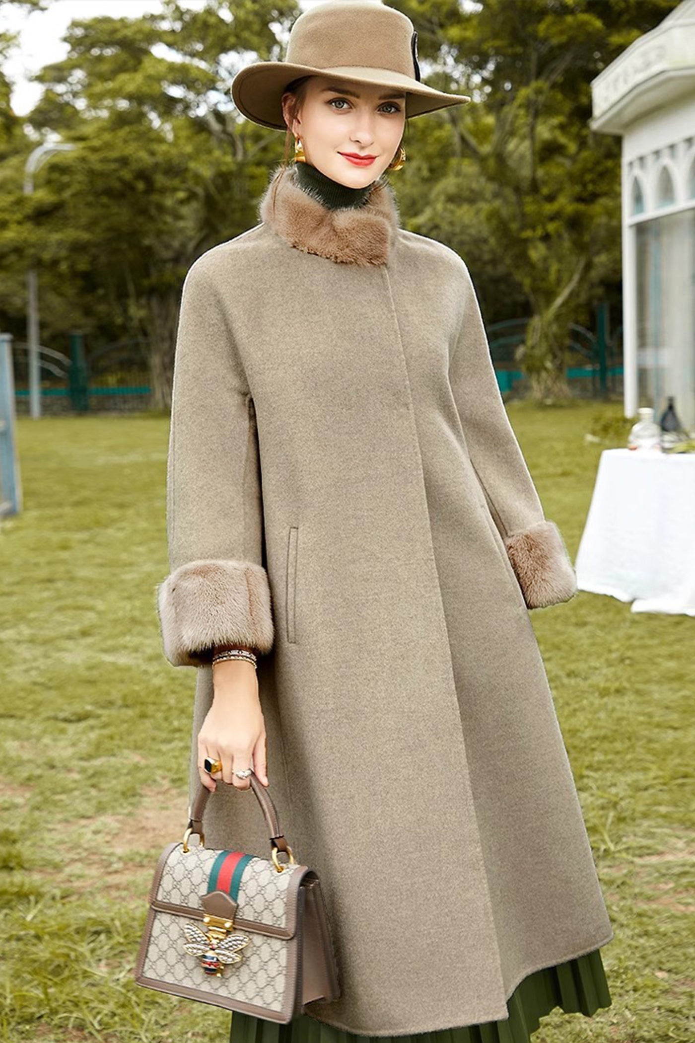 KAMILAN Women's Double-Faced Wool Coat – Winter New Mid-Length Overcoat with Mink Fur Collar and Fur-Trimmed Sleeves