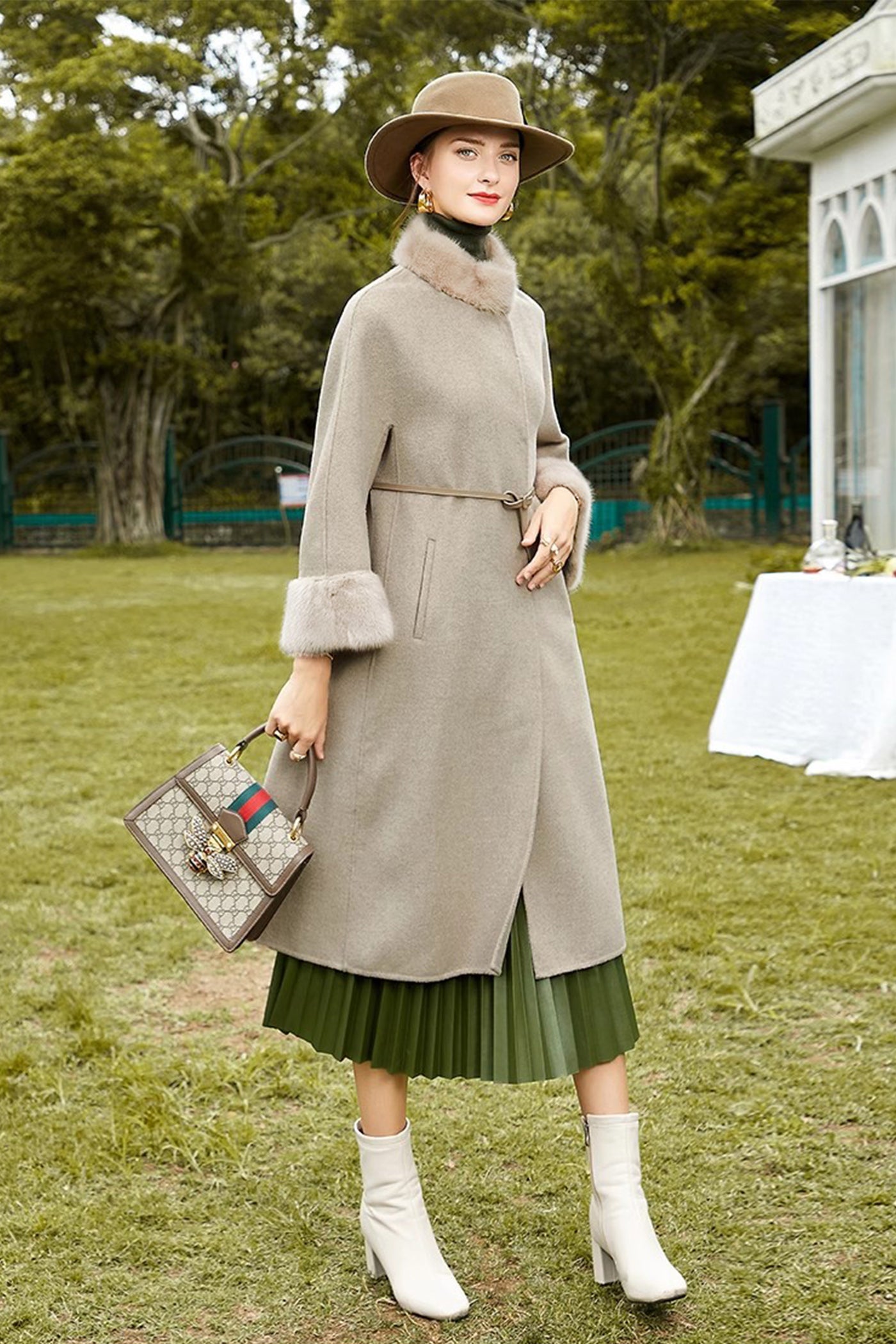 KAMILAN Women's Double-Faced Wool Coat – Winter New Mid-Length Overcoat with Mink Fur Collar and Fur-Trimmed Sleeves