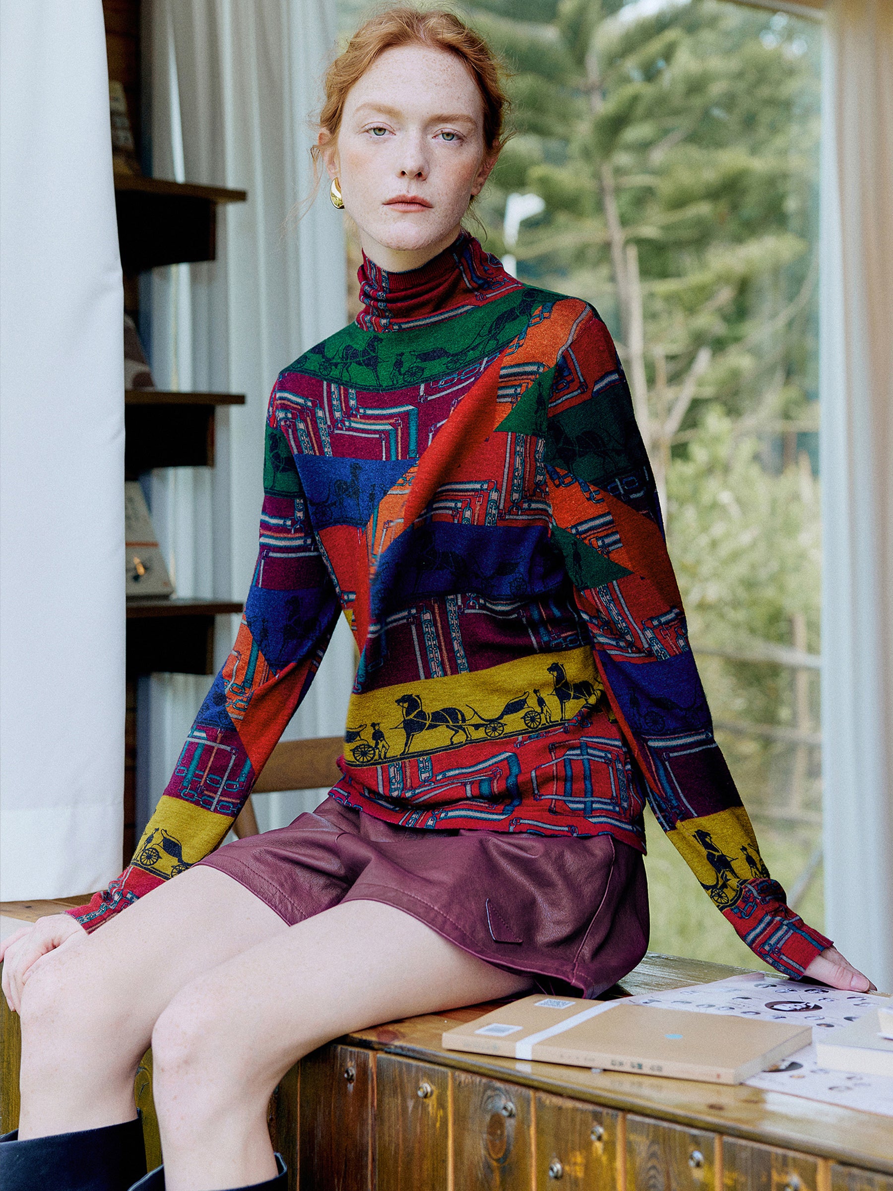 KAMILAN Women’s 2025 Fall 100% Merino Wool Printed Mock-Neck Knit Sweater Elegant Fine Long-Sleeve Pullover Top